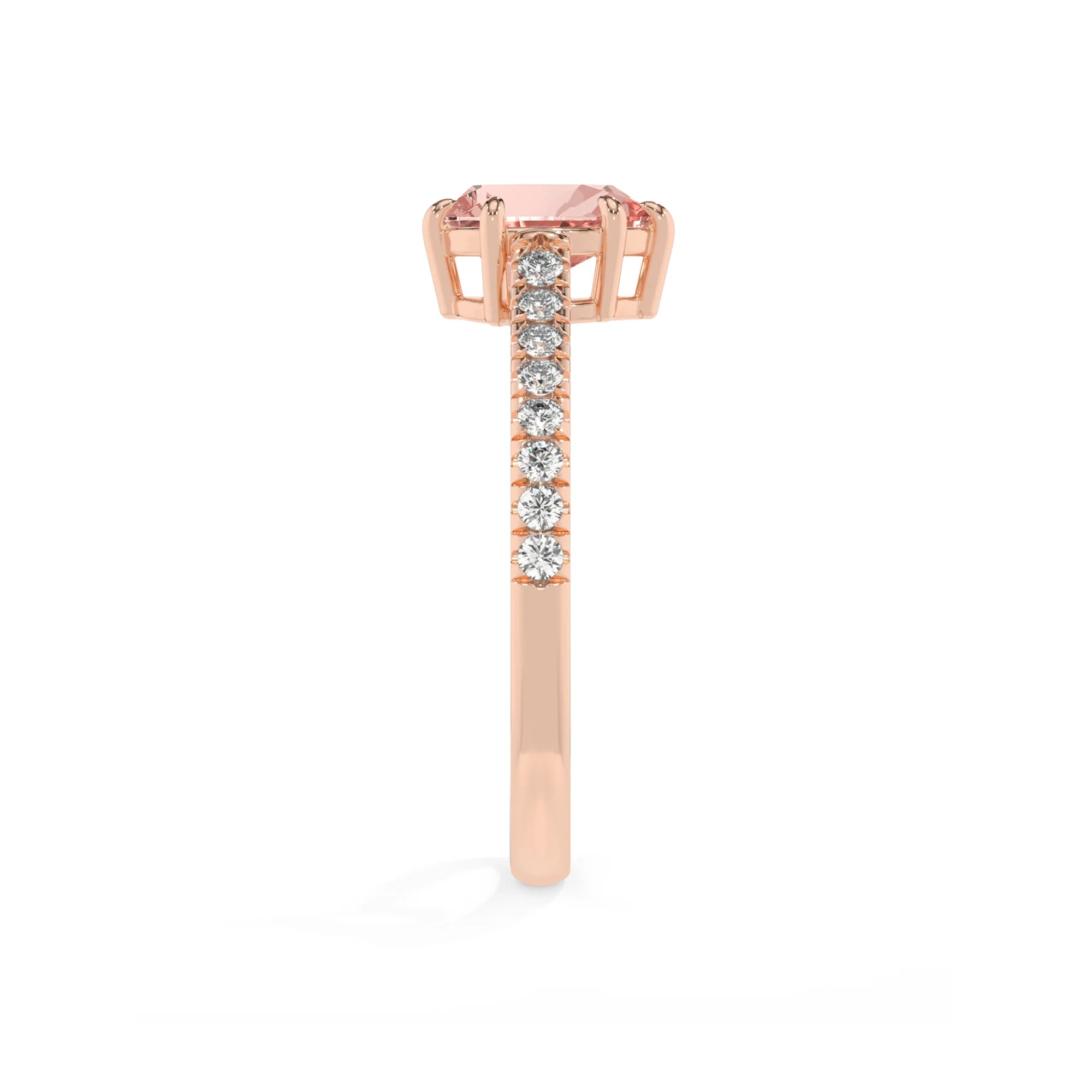 lab grown morganite pear half eternity solitaire engagement rings in rose gold