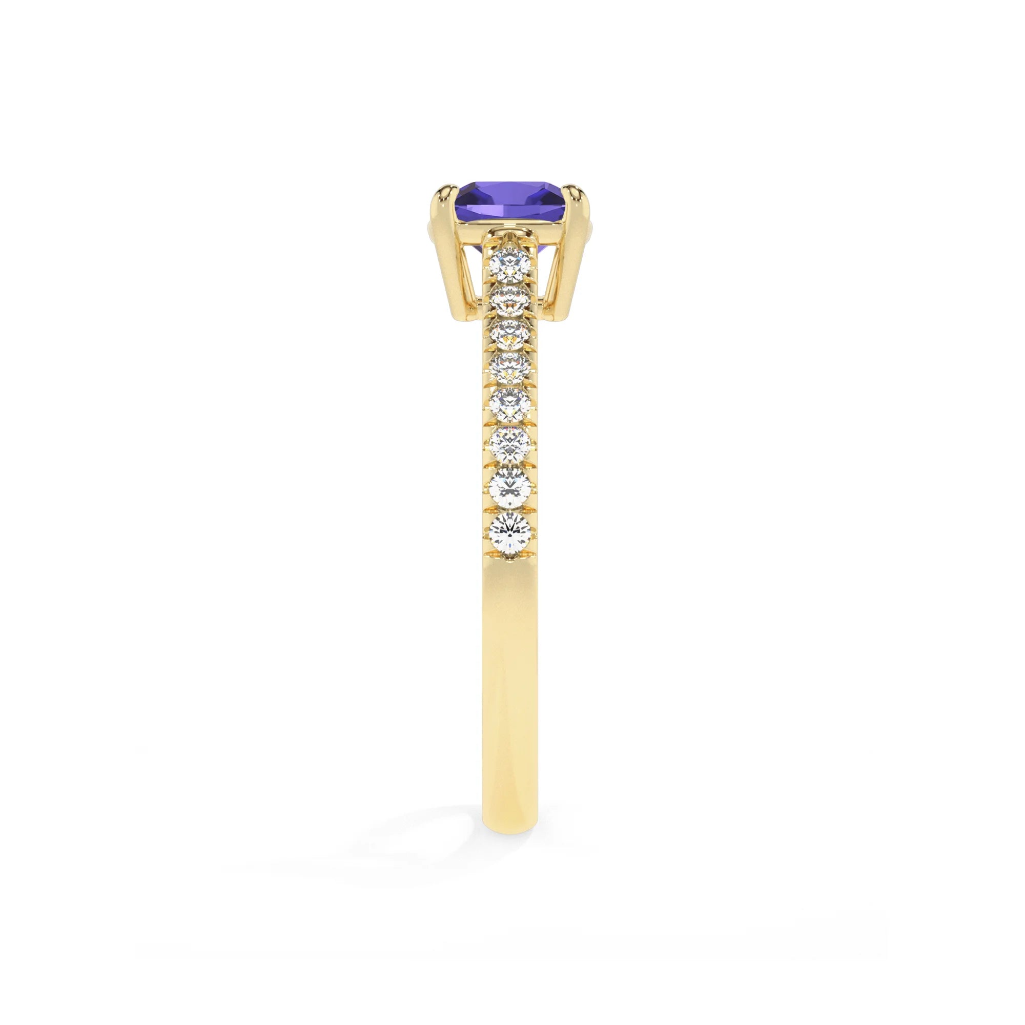 lab grown tanzanite cushion half eternity solitaire engagement rings in yellow gold