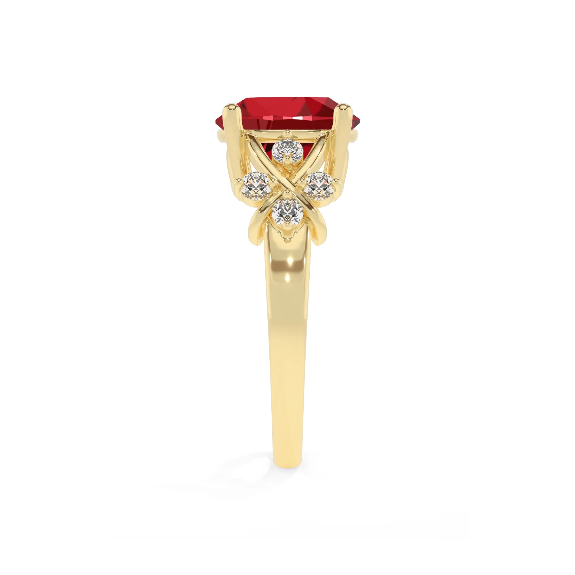 lab grown ruby round solitaire rings in yellow gold