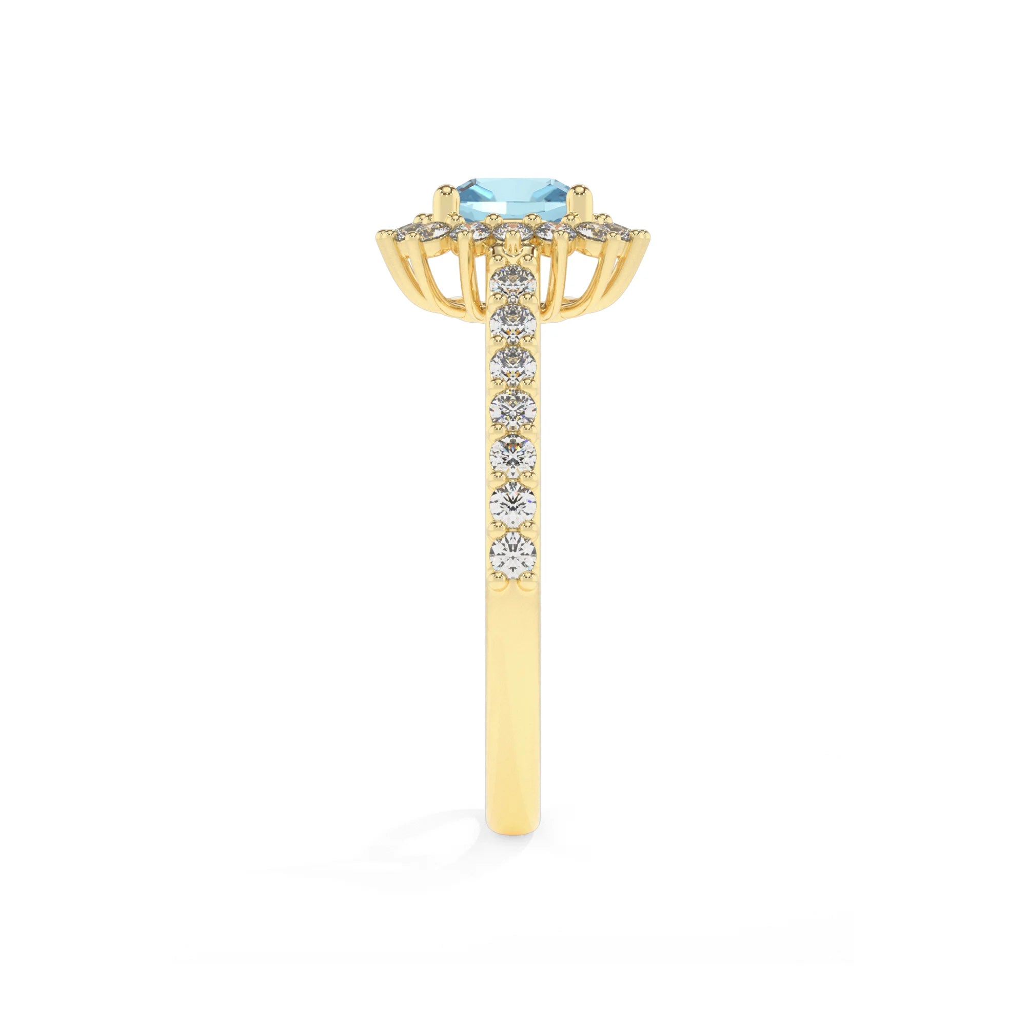 lab grown aquamarine cushion solitaire rings in yellow gold