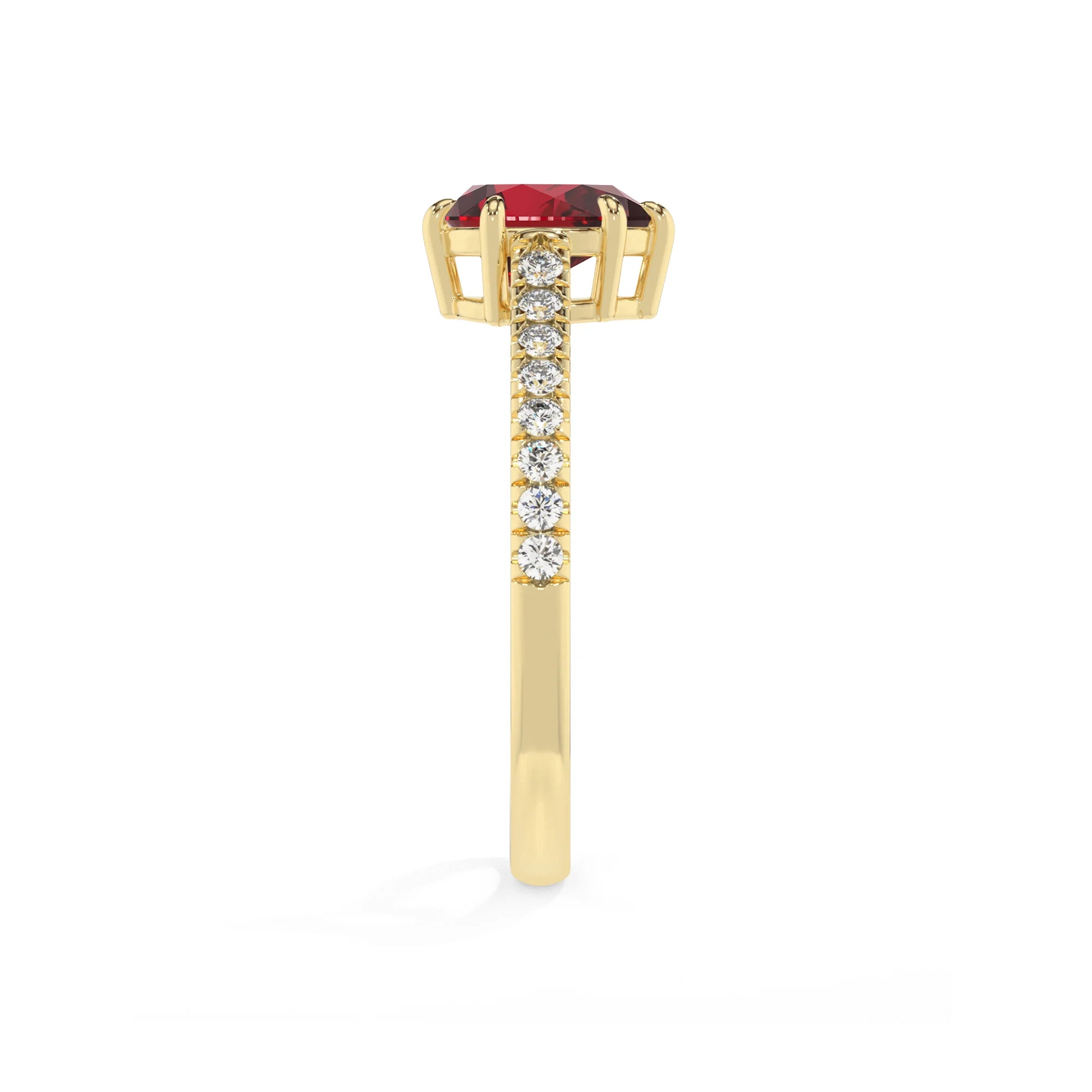 lab grown ruby pear half eternity solitaire engagement rings in yellow gold