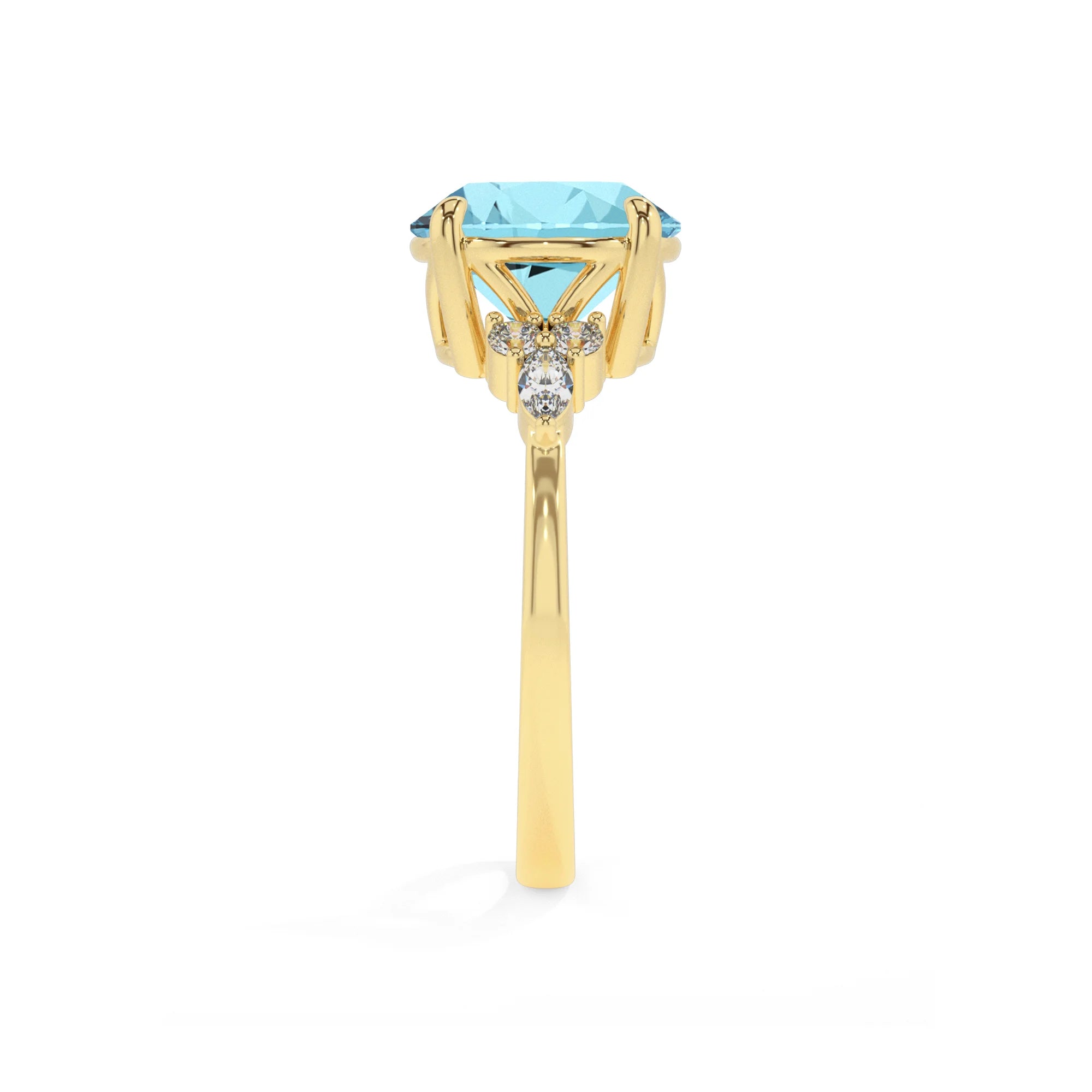 lab grown aquamarine round solitaire rings in yellow gold