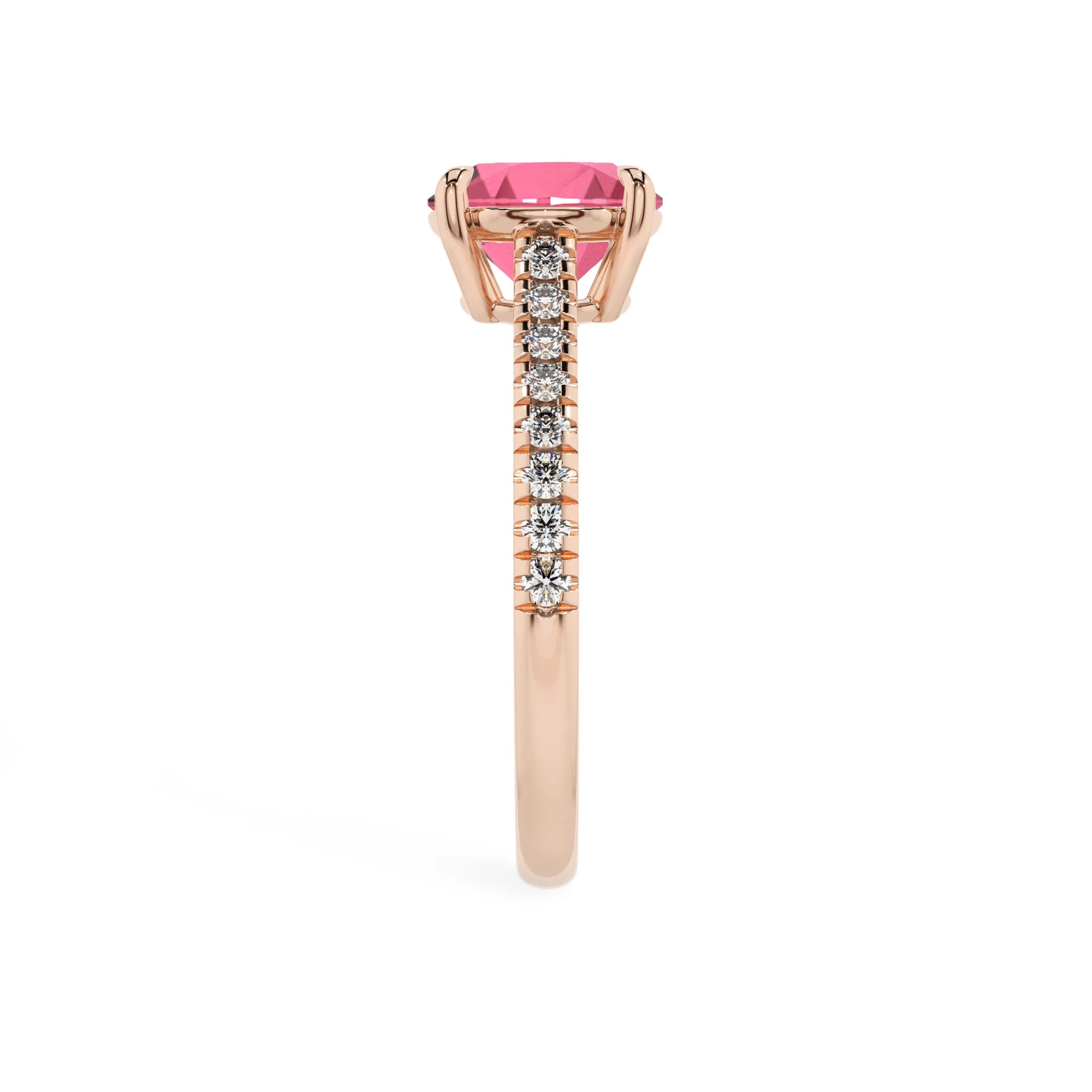 lab grown pink-tourmaline round half eternity solitaire engagement rings in rose gold