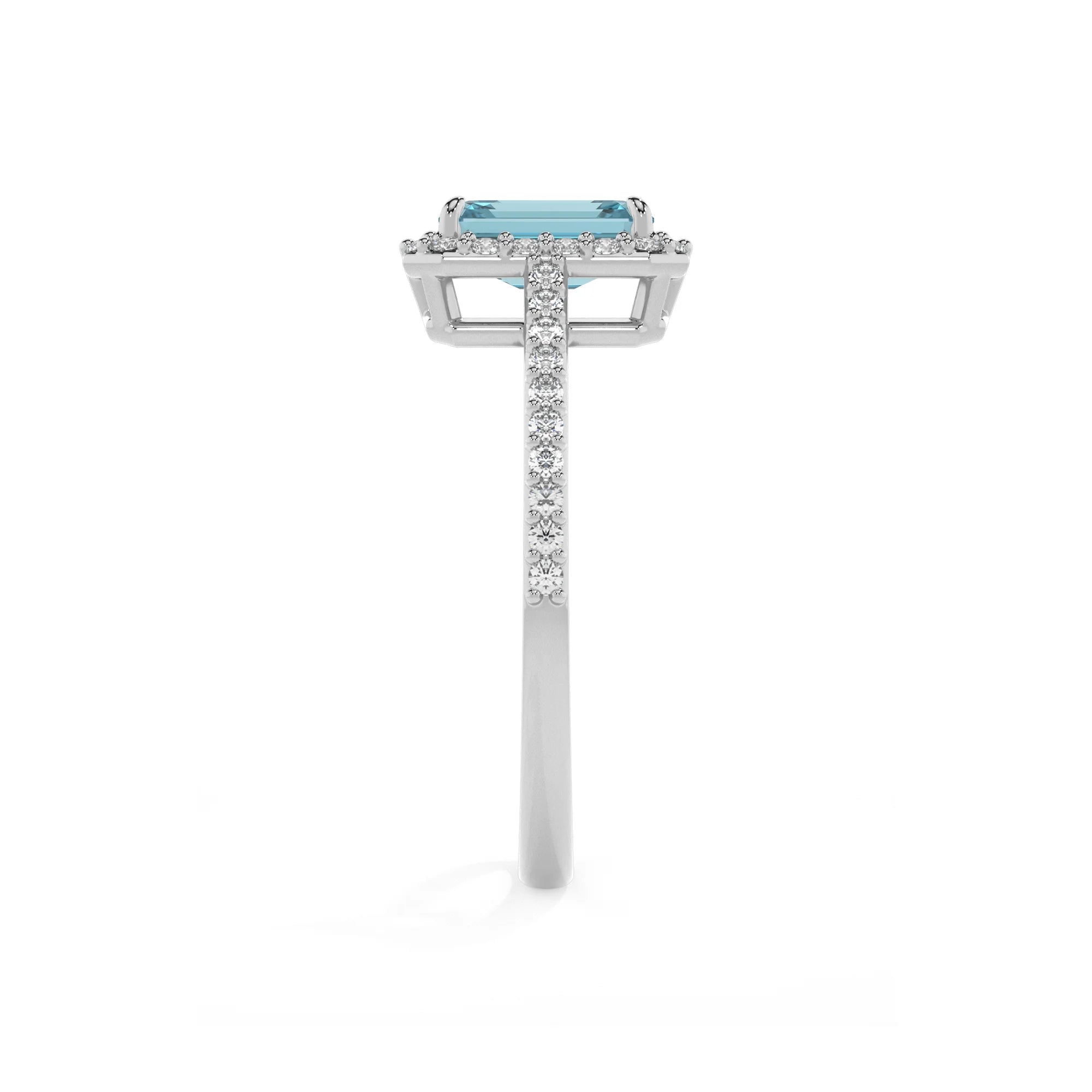 lab grown aquamarine emerald cut solitaire rings in white gold