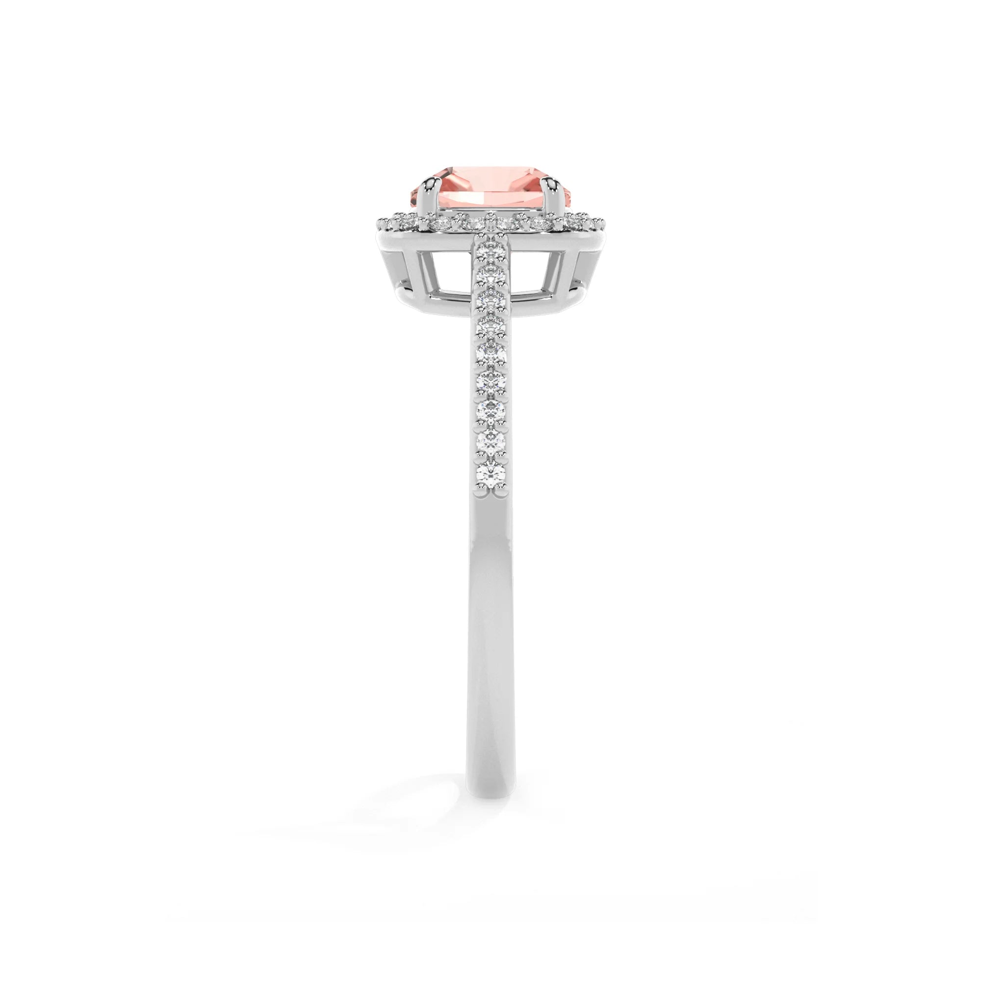lab grown morganite cushion solitaire rings in sterling silver