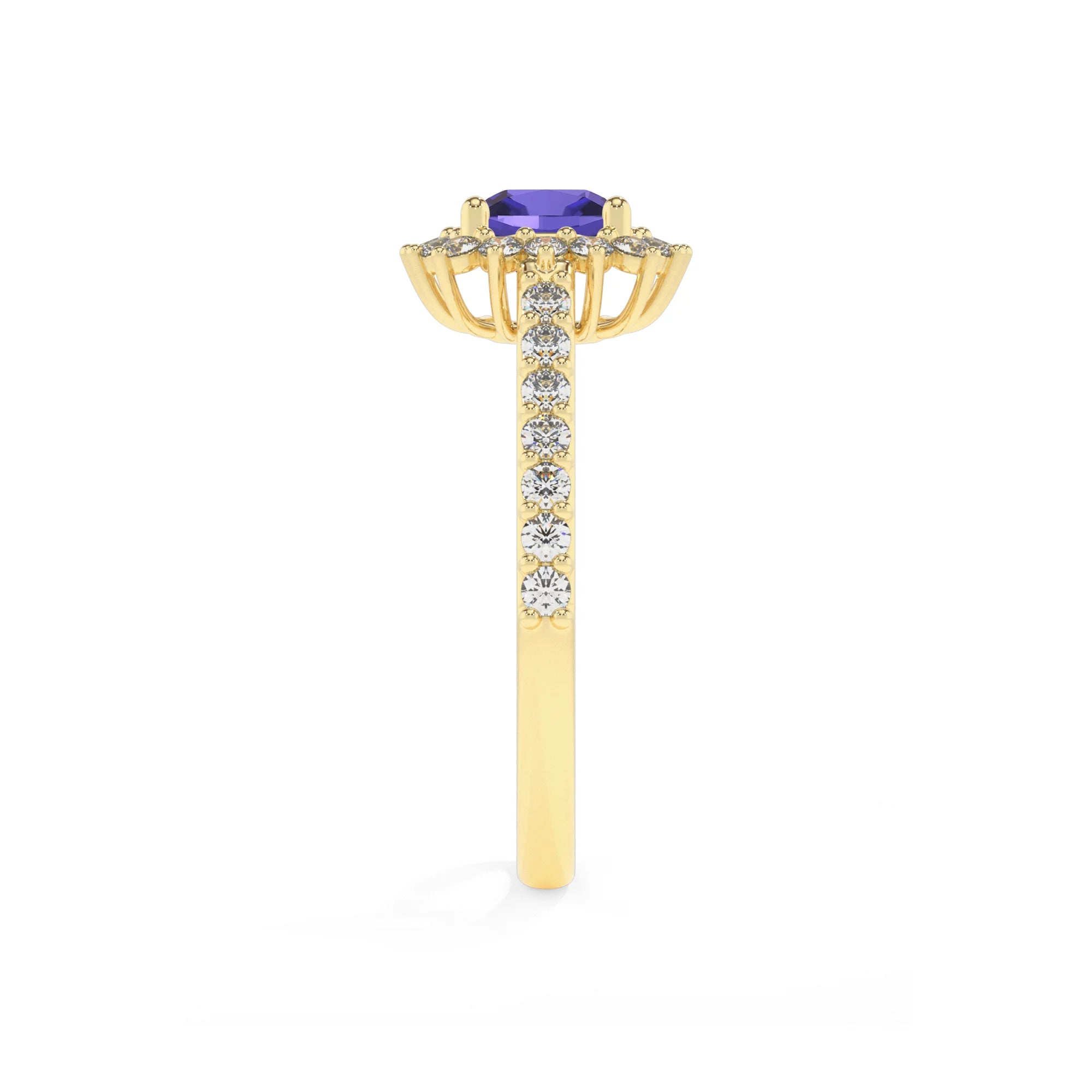 lab grown tanzanite cushion solitaire rings in yellow gold
