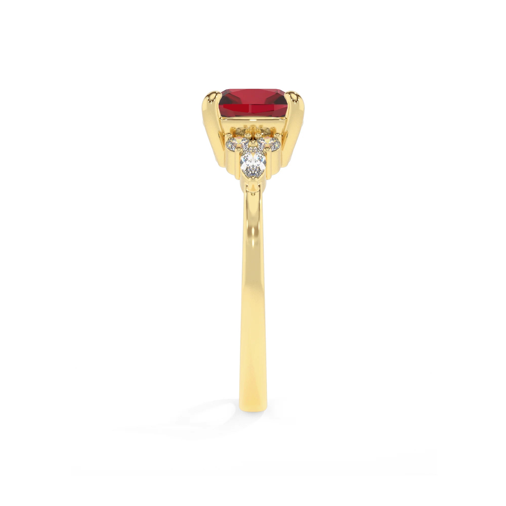 lab grown ruby cushion solitaire rings in yellow gold