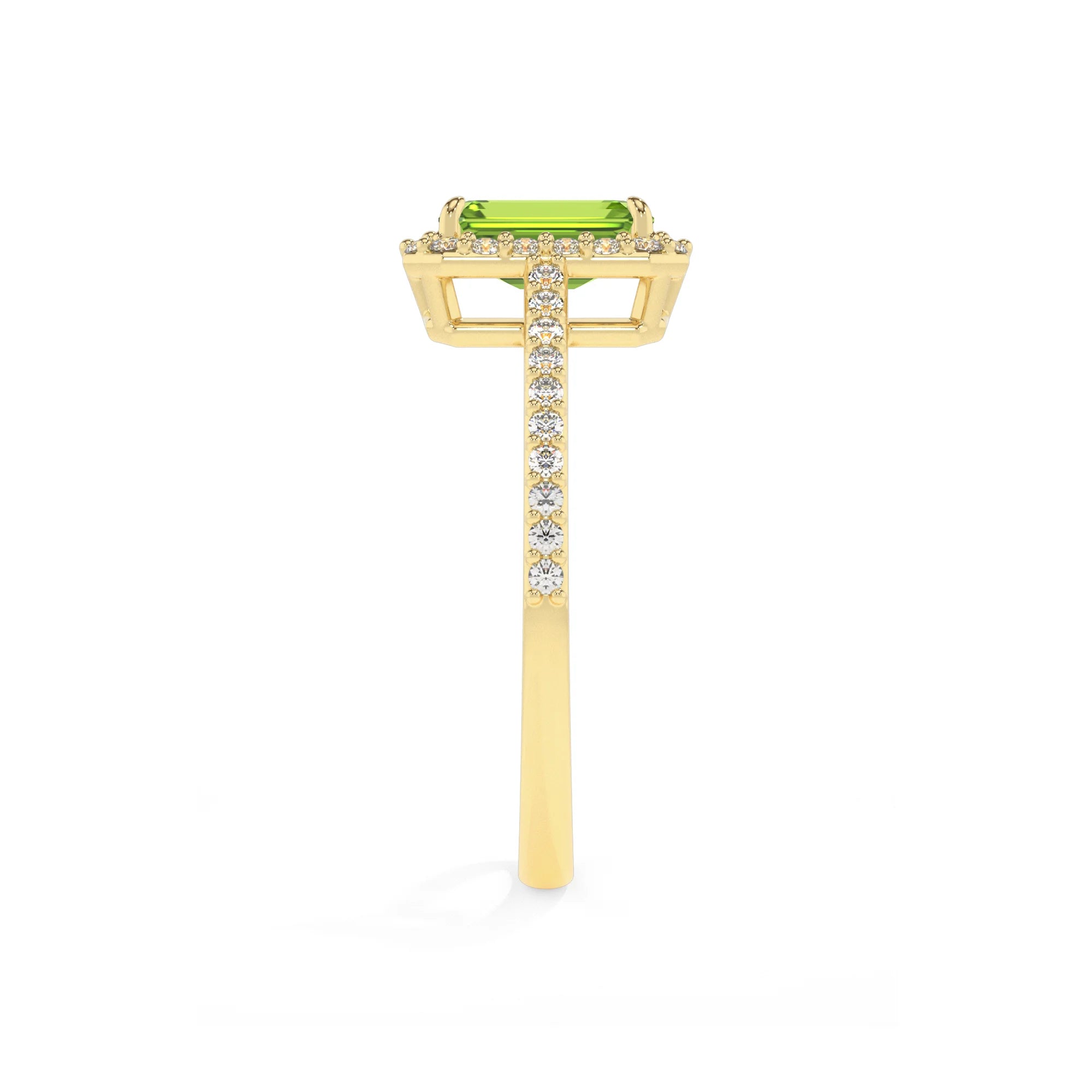 natural peridot emerald cut solitaire rings in yellow gold