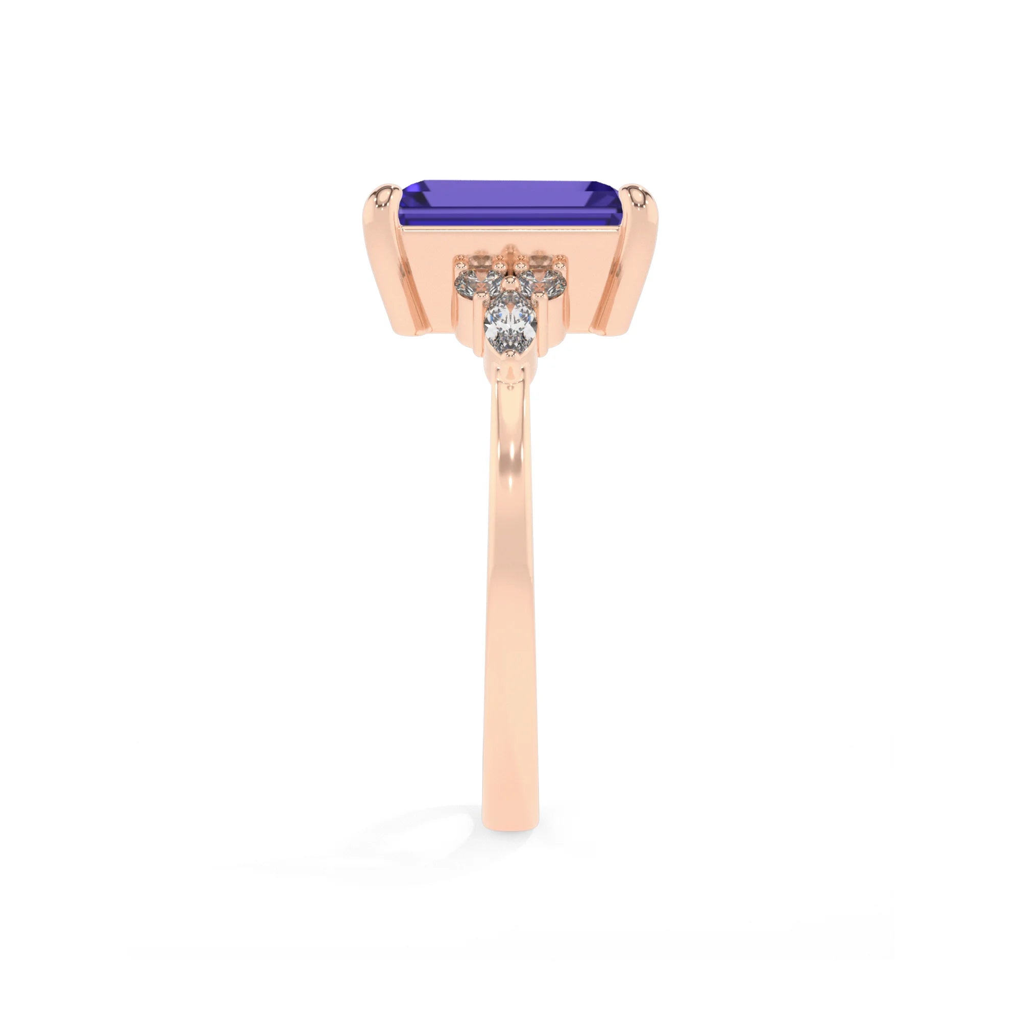 lab grown tanzanite emerald cut solitaire rings in rose gold