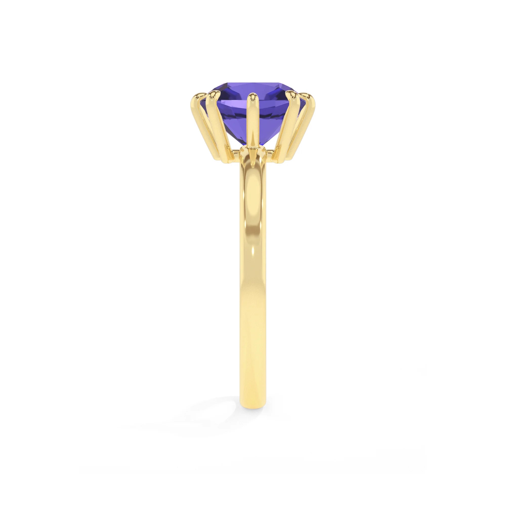 lab grown tanzanite cushion solitaire rings in yellow gold