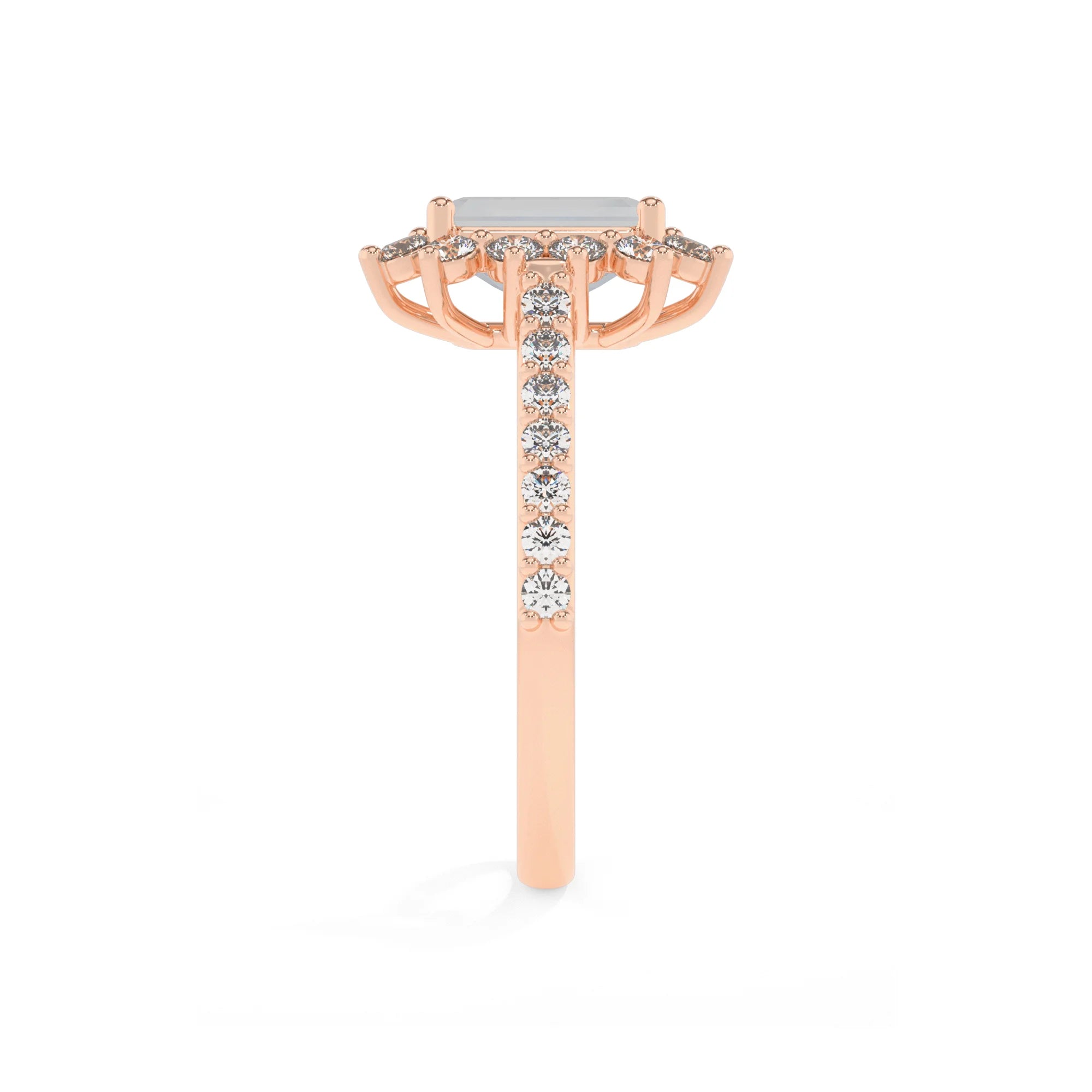 natural rainbow-moonstone emerald cut solitaire rings in rose gold