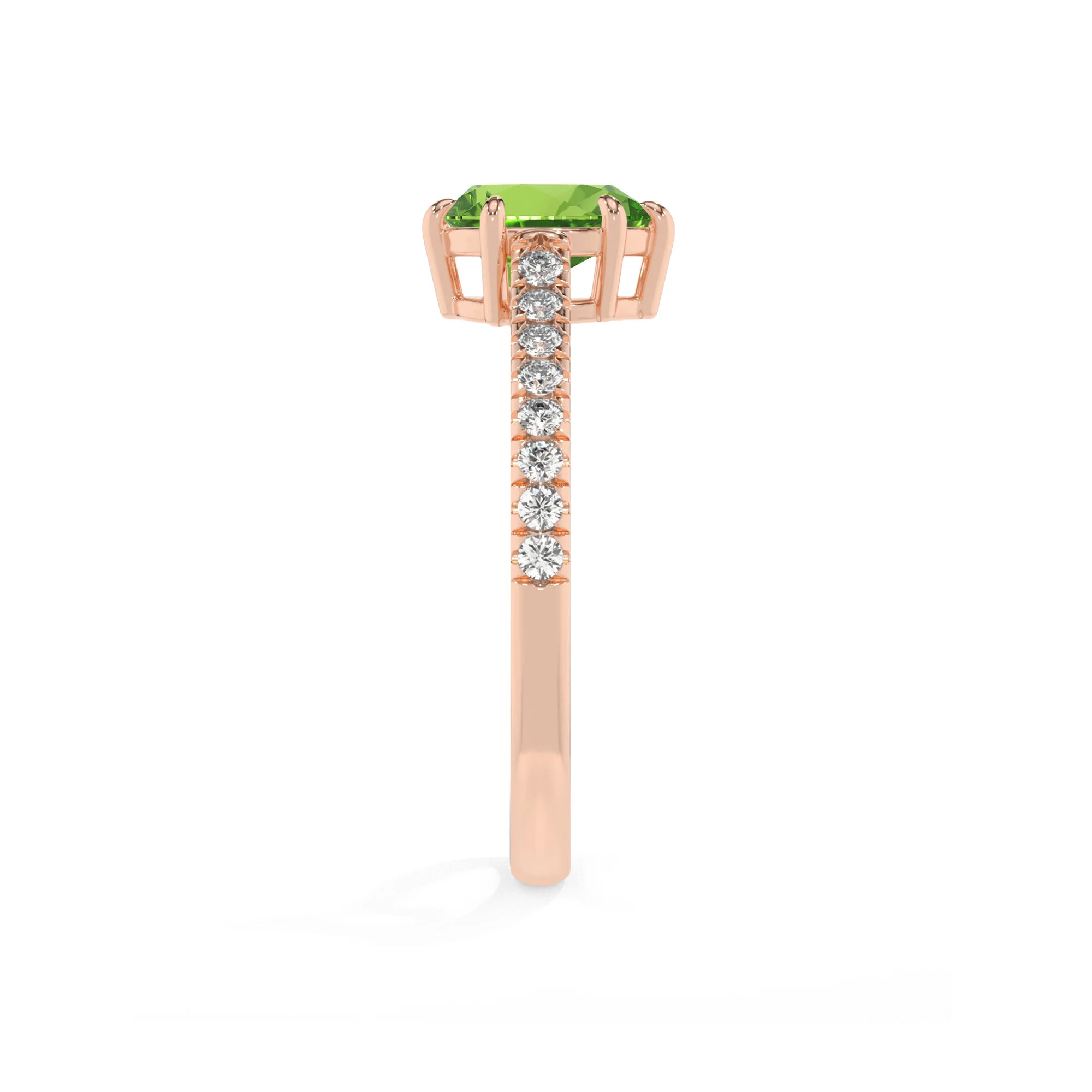 natural peridot pear half eternity solitaire engagement rings in rose gold
