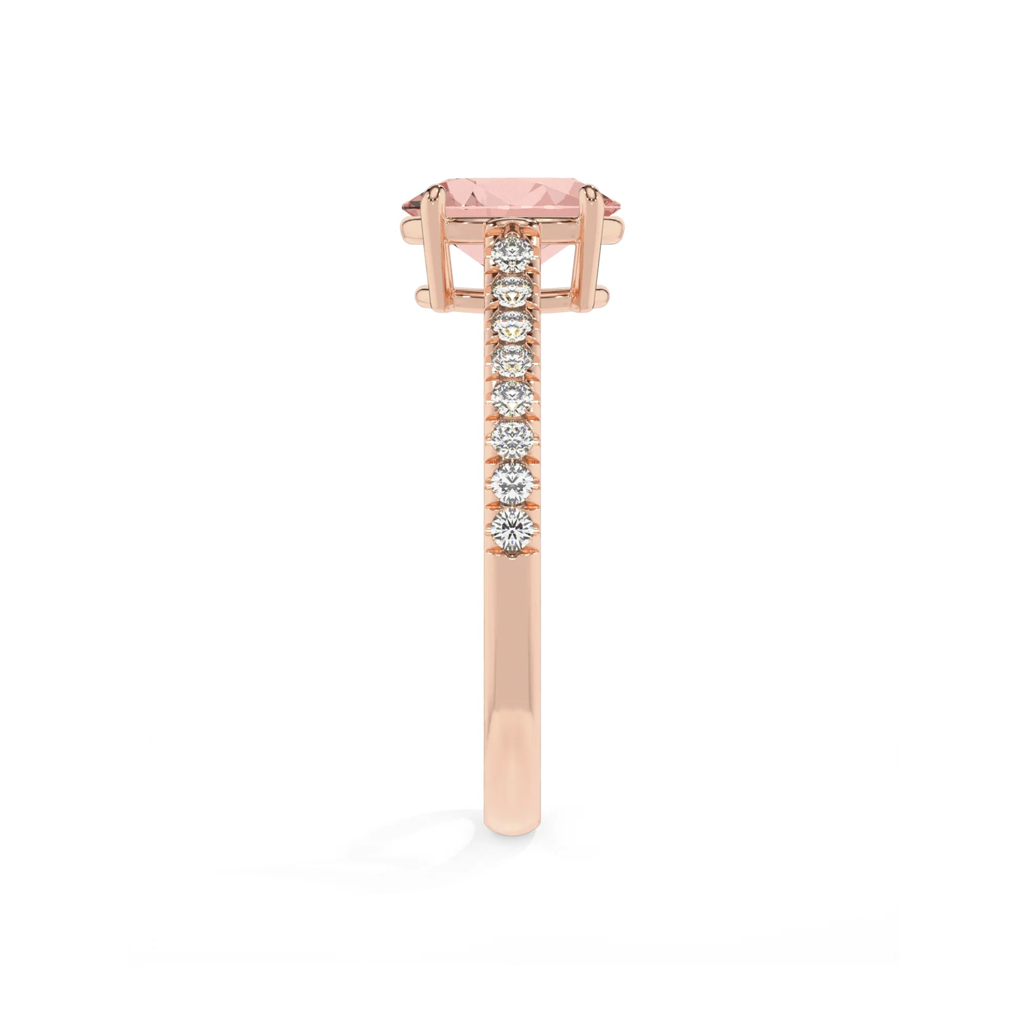 lab grown morganite oval half eternity solitaire engagement rings in rose gold