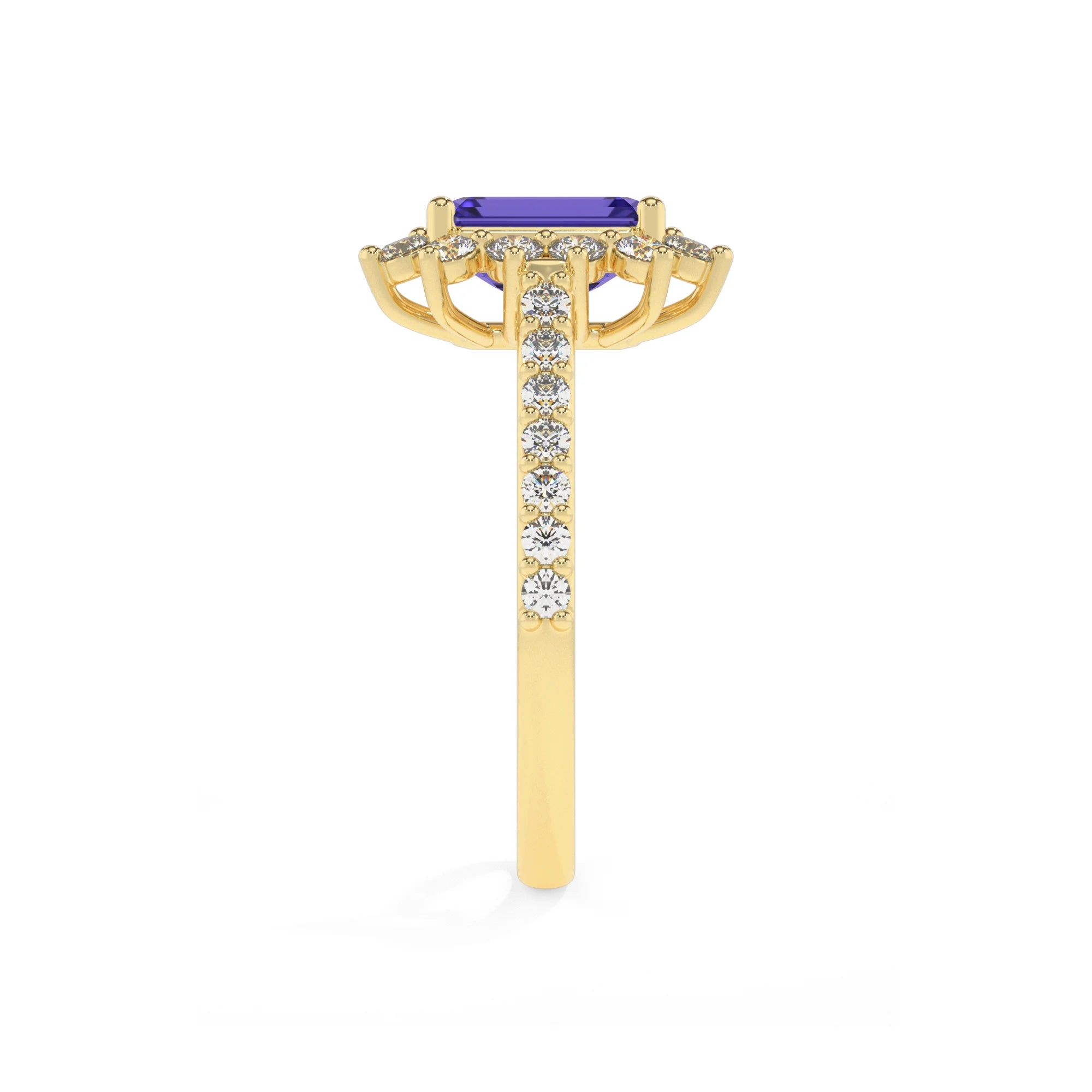 lab grown tanzanite emerald cut solitaire rings in yellow gold