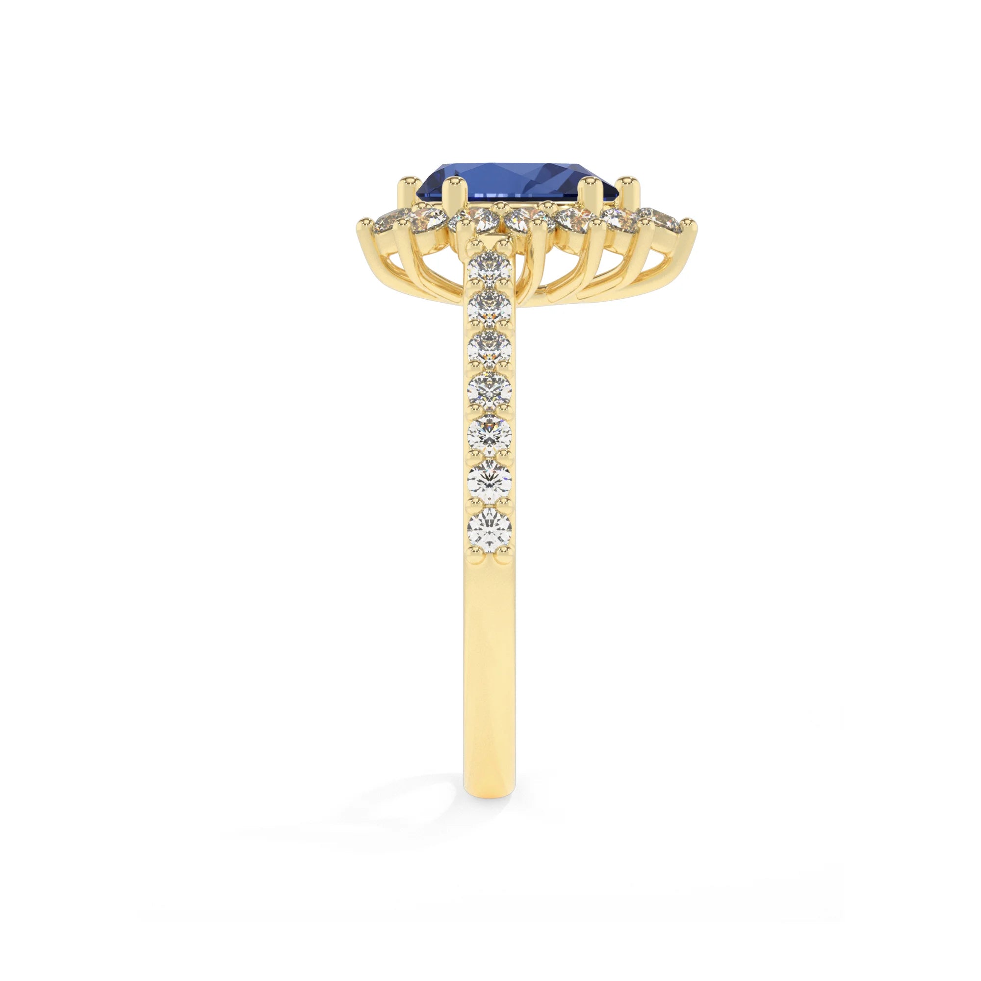 lab grown blue-sapphire pear solitaire rings in yellow gold