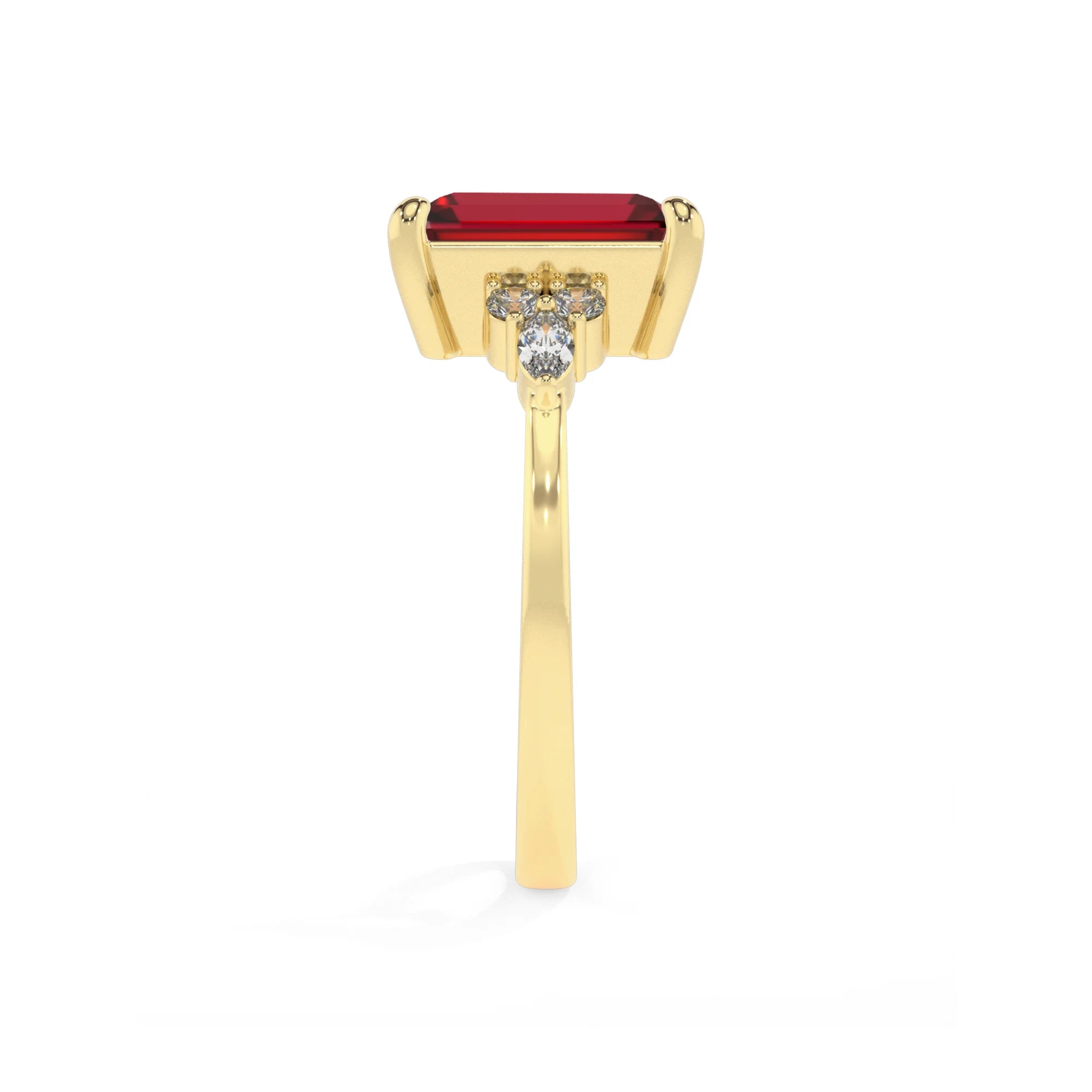 lab grown ruby emerald cut solitaire rings in yellow gold