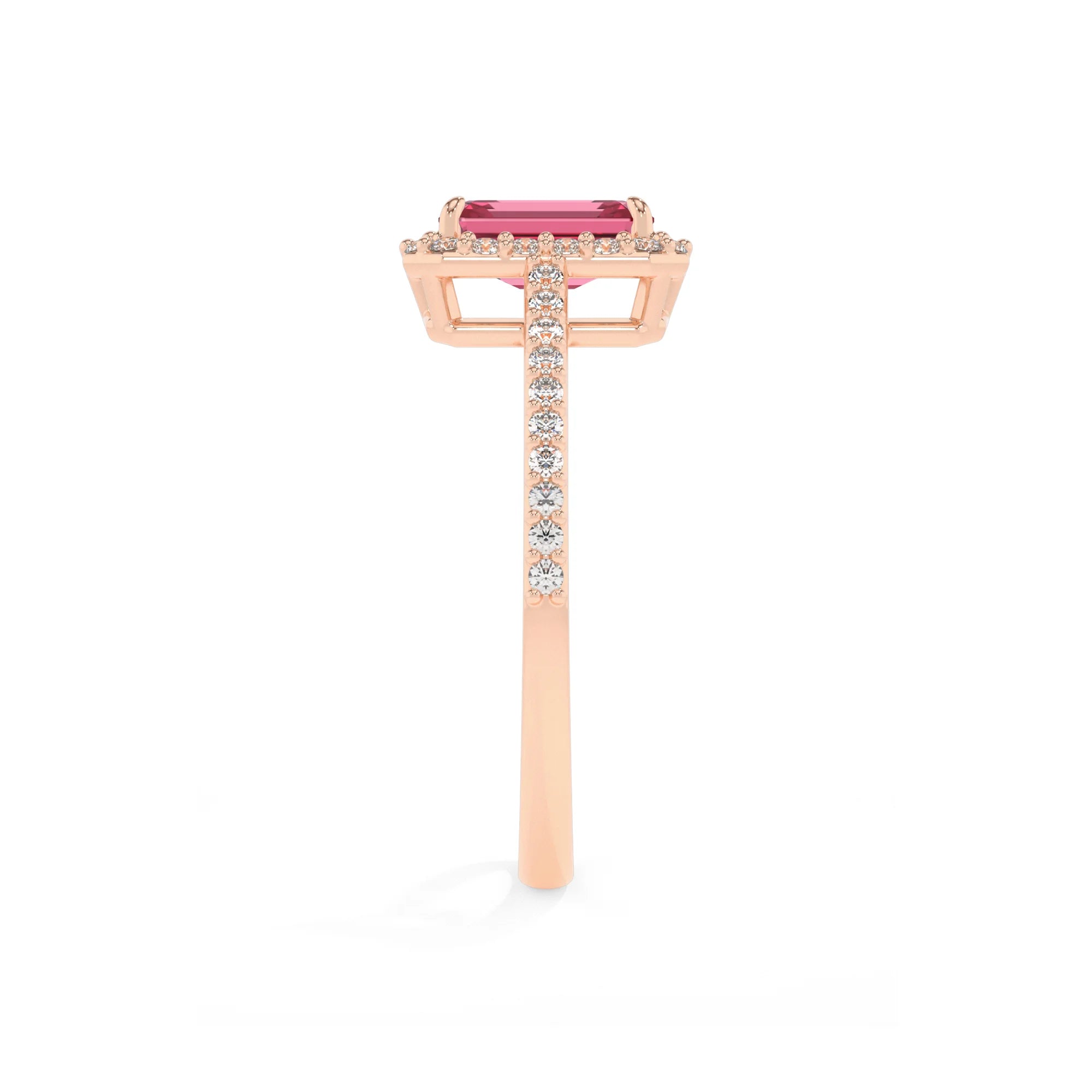 lab grown pink-tourmaline emerald cut solitaire rings in rose gold