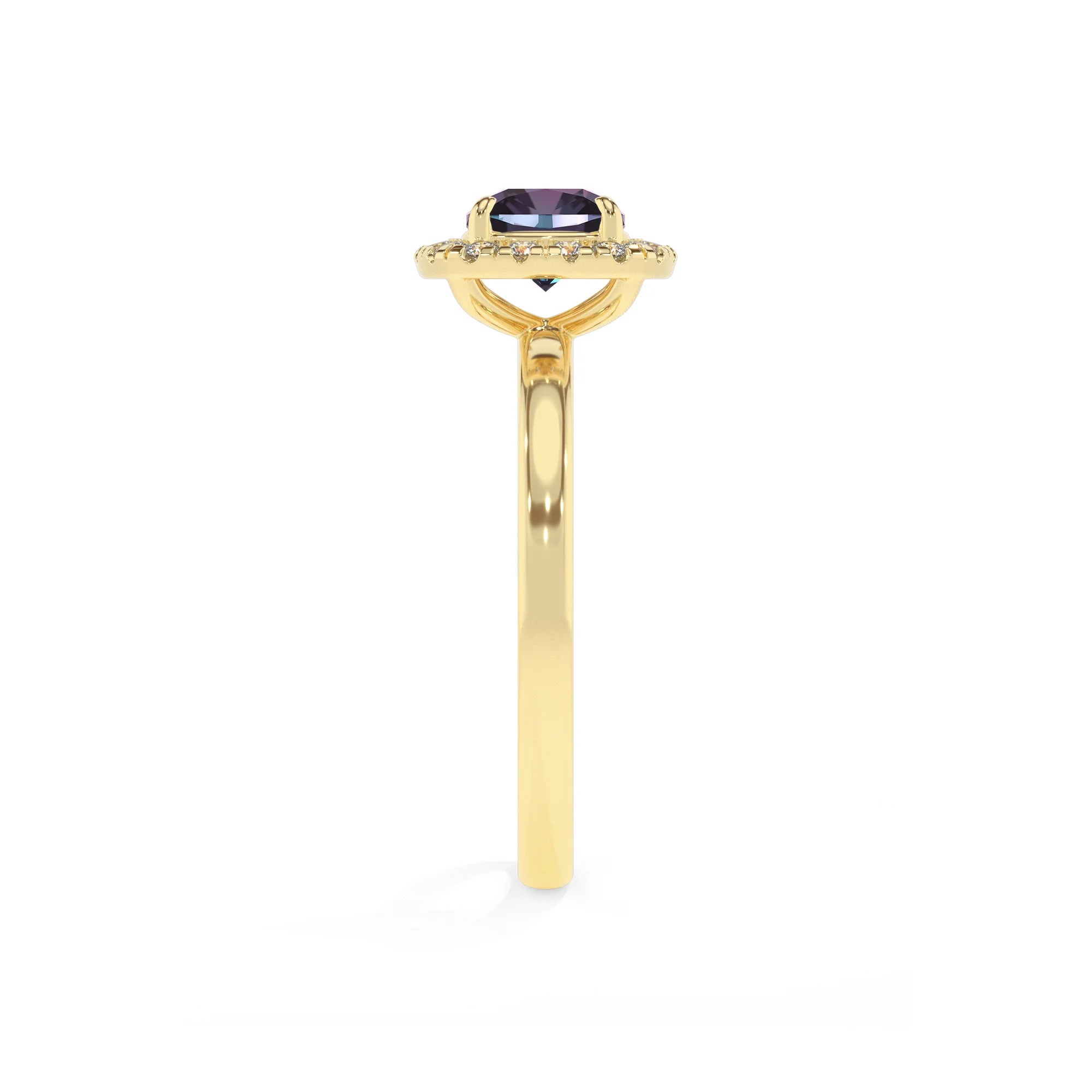 lab grown alexandrite cushion solitaire rings in yellow gold