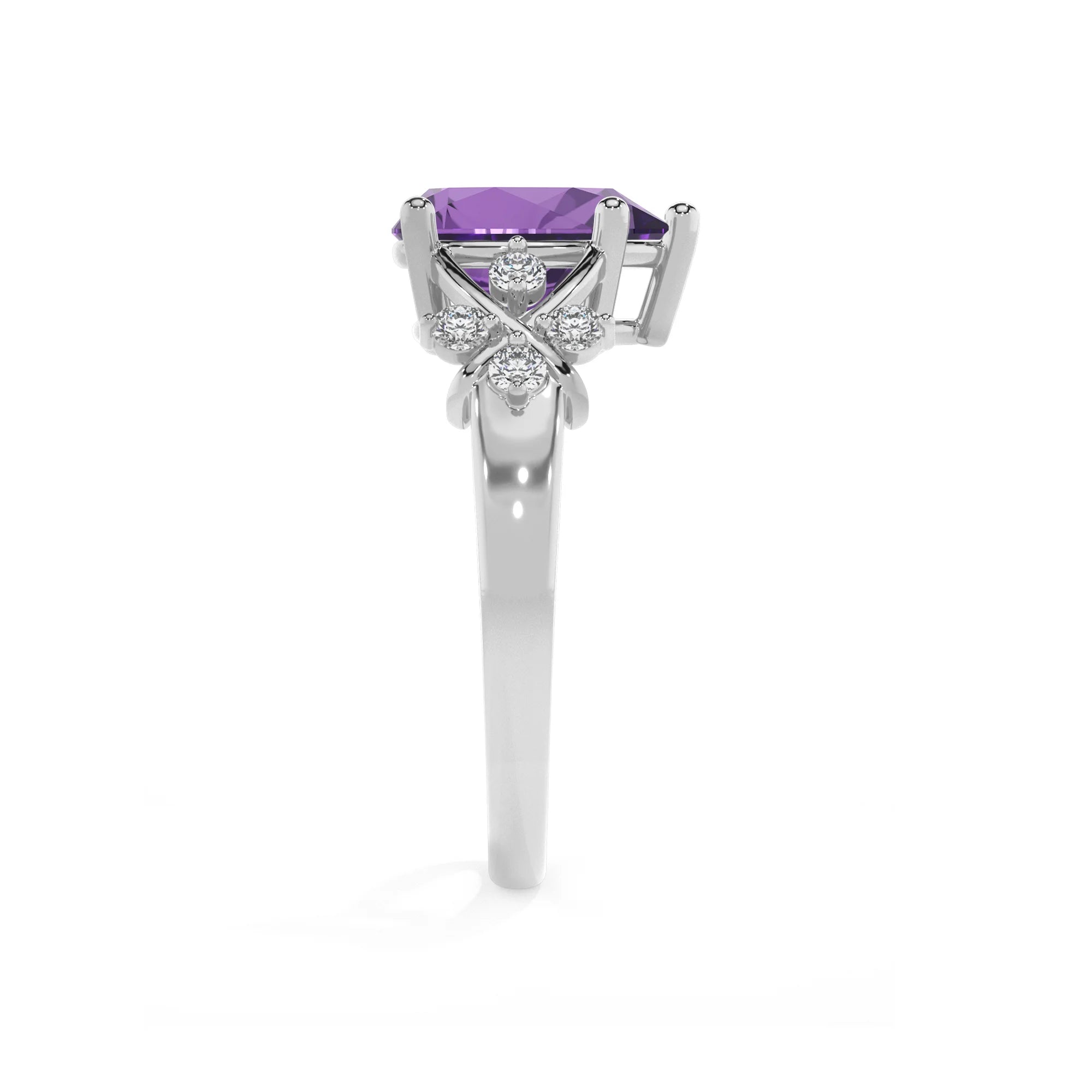 lab grown amethyst pear solitaire rings in platinum