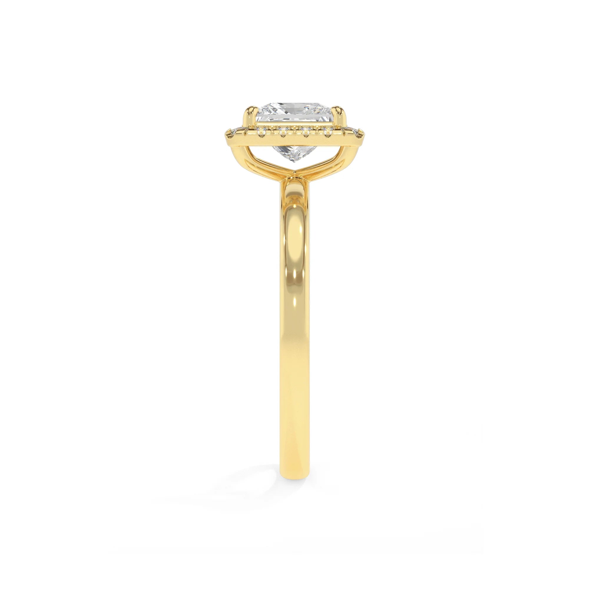 lab grown moissanite princess solitaire rings in yellow gold