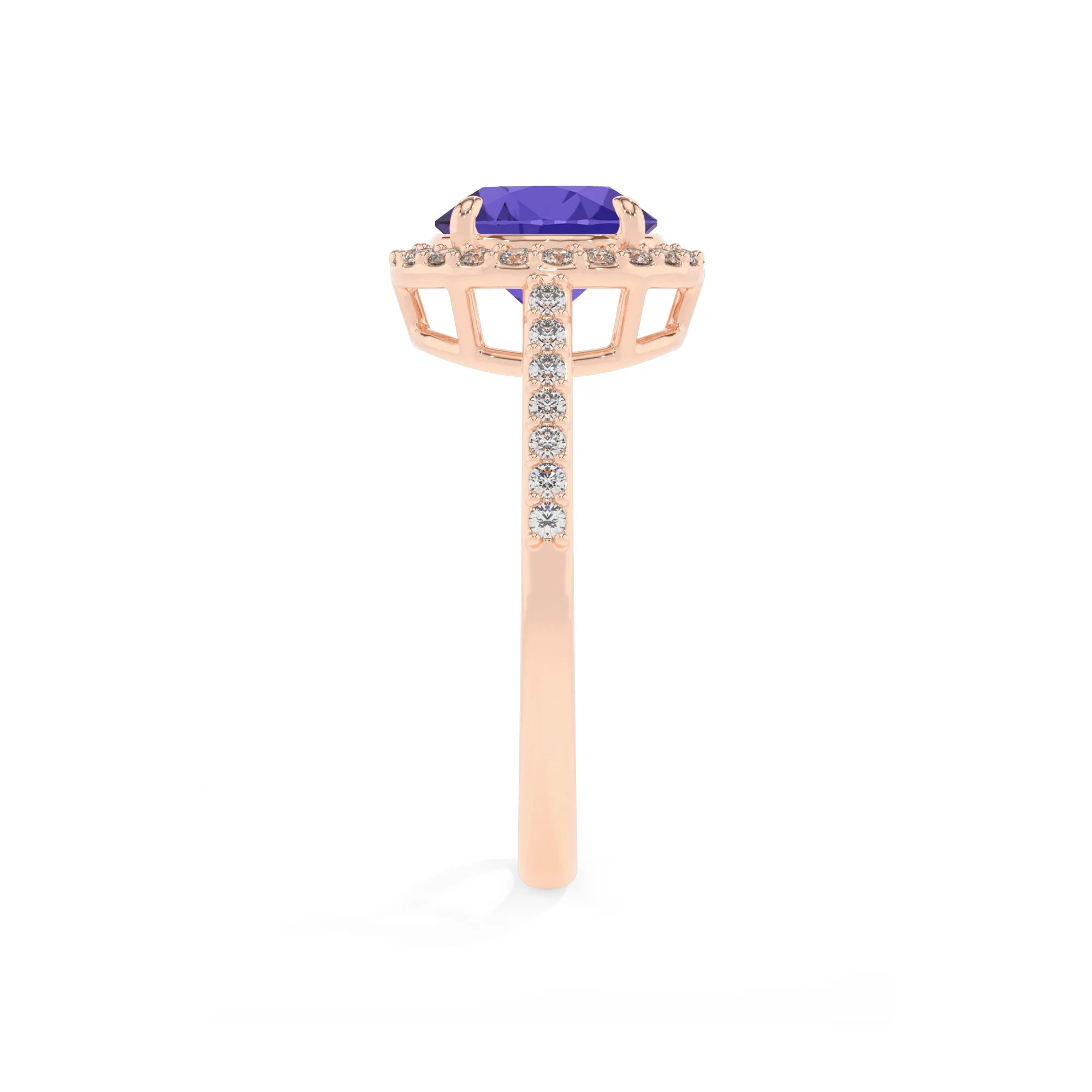 lab grown tanzanite round solitaire rings in rose gold
