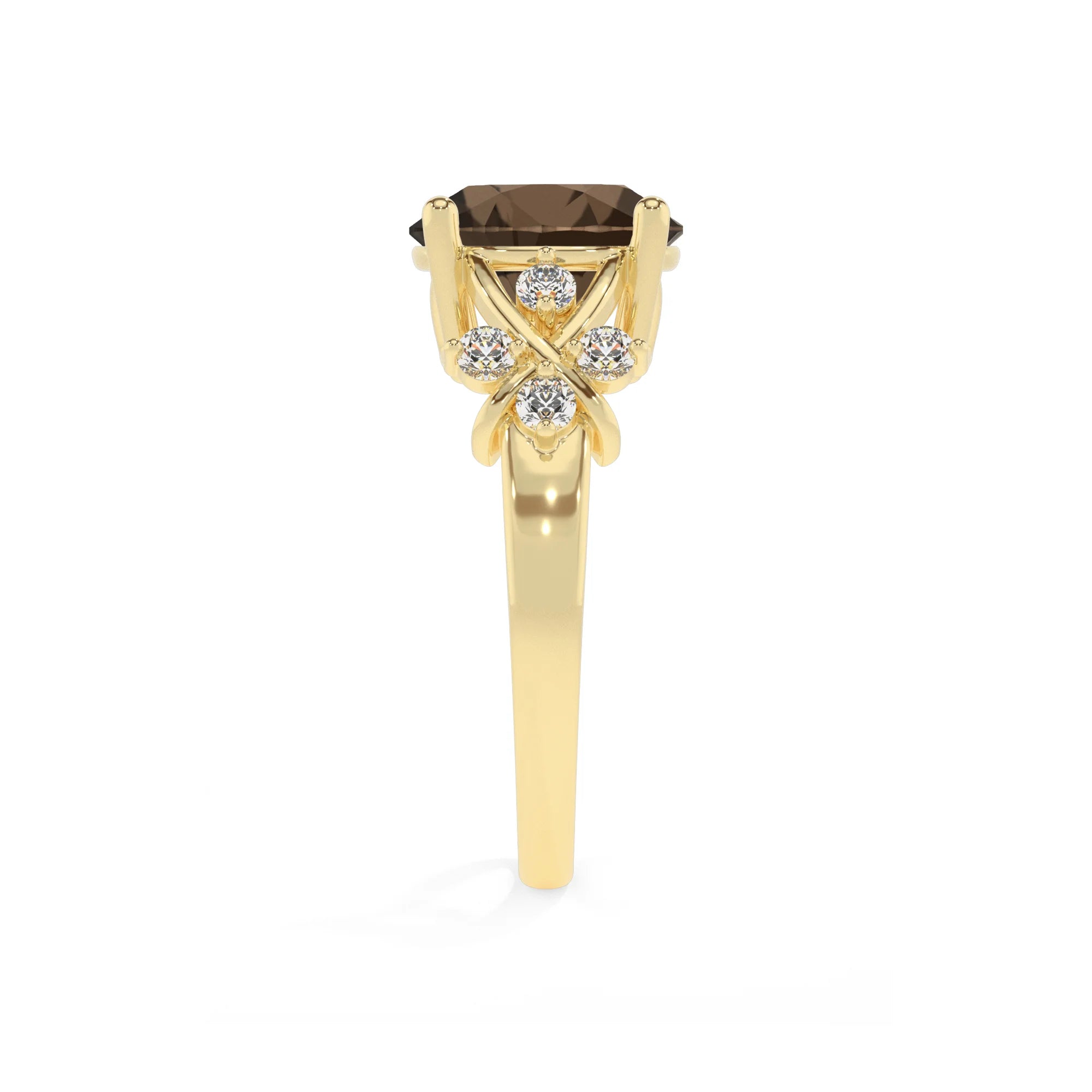 natural smoky-quartz round solitaire rings in yellow gold