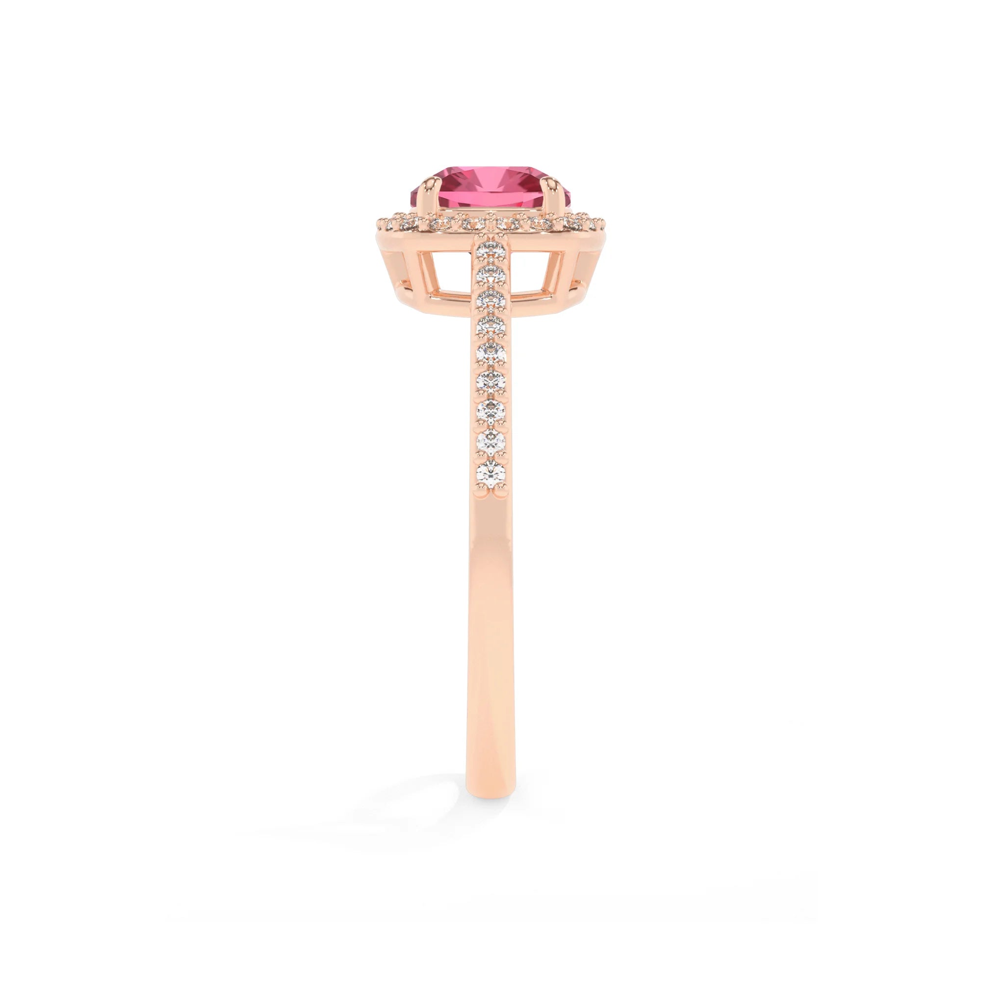 lab grown pink-tourmaline cushion solitaire rings in rose gold