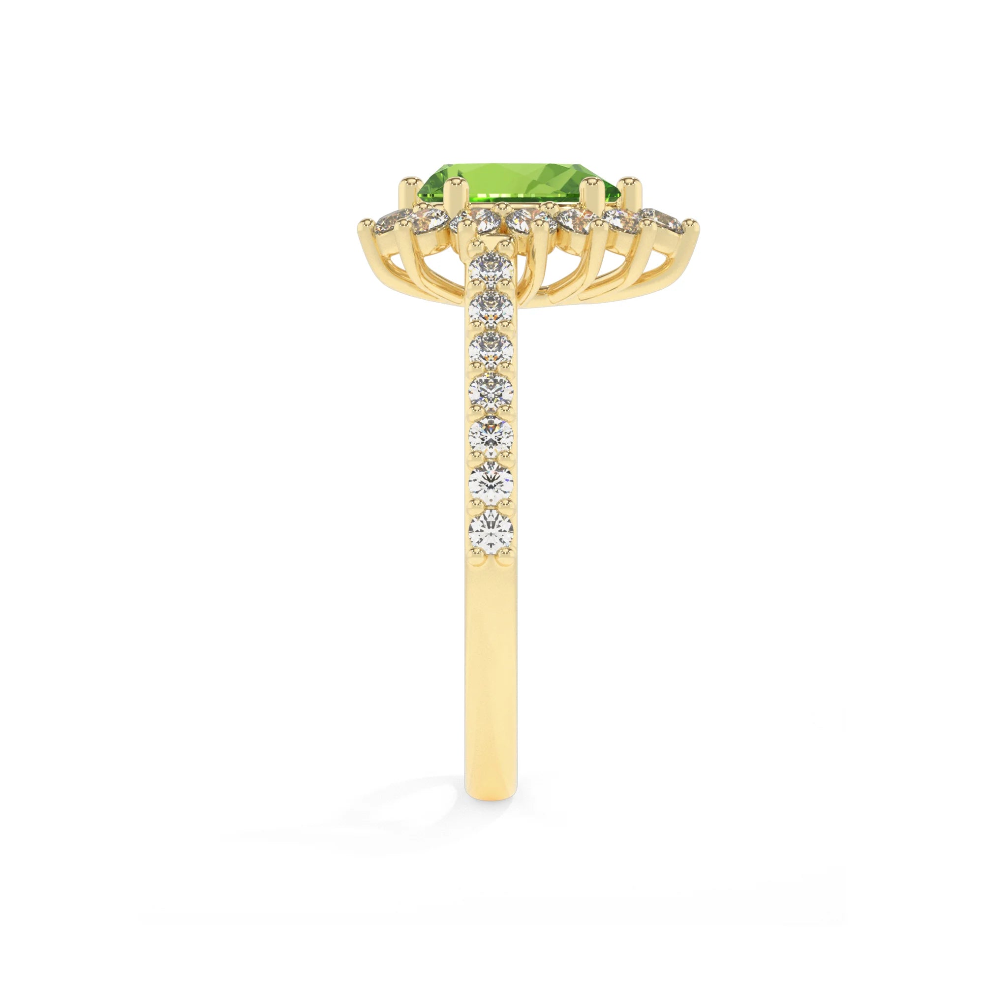 natural peridot pear solitaire rings in yellow gold