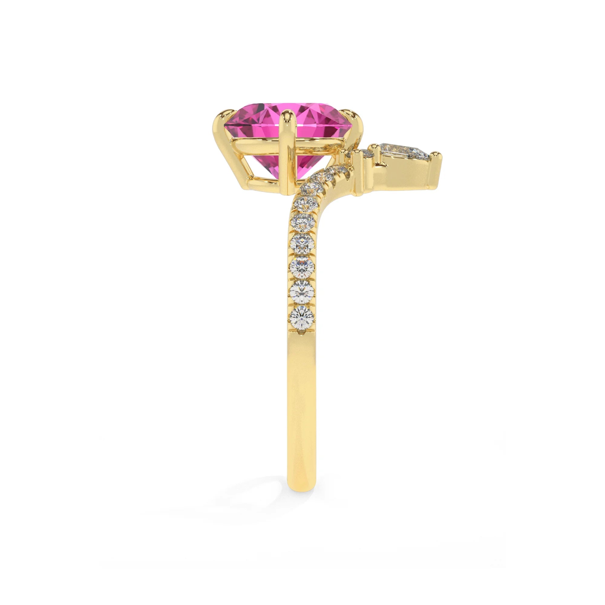 lab grown pink-sapphire round solitaire rings in yellow gold