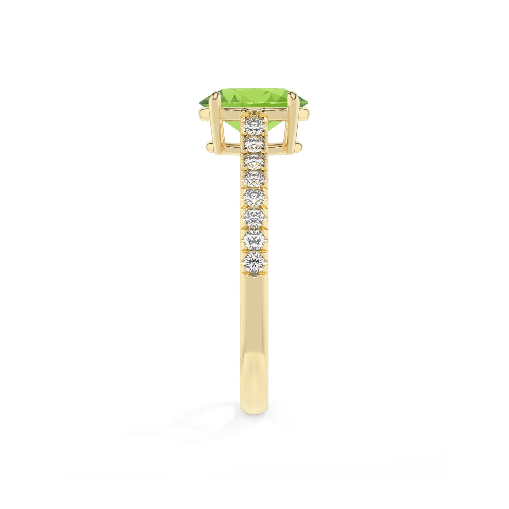 natural peridot oval half eternity solitaire engagement rings in yellow gold