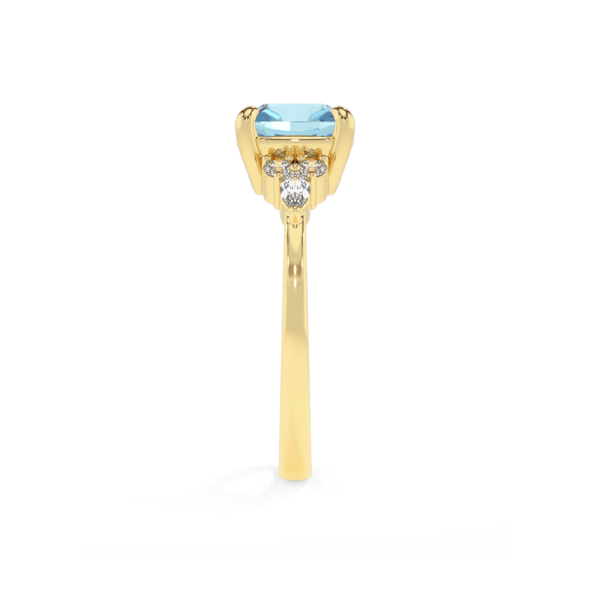 lab grown aquamarine cushion solitaire rings in yellow gold