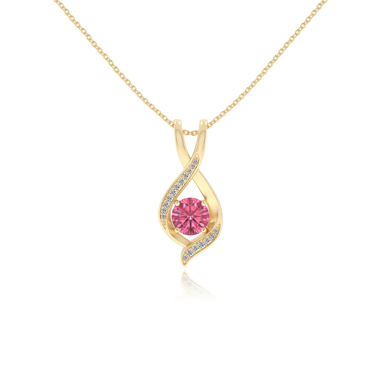 lab grown pink-tourmaline round solitaire necklaces in yellow gold 