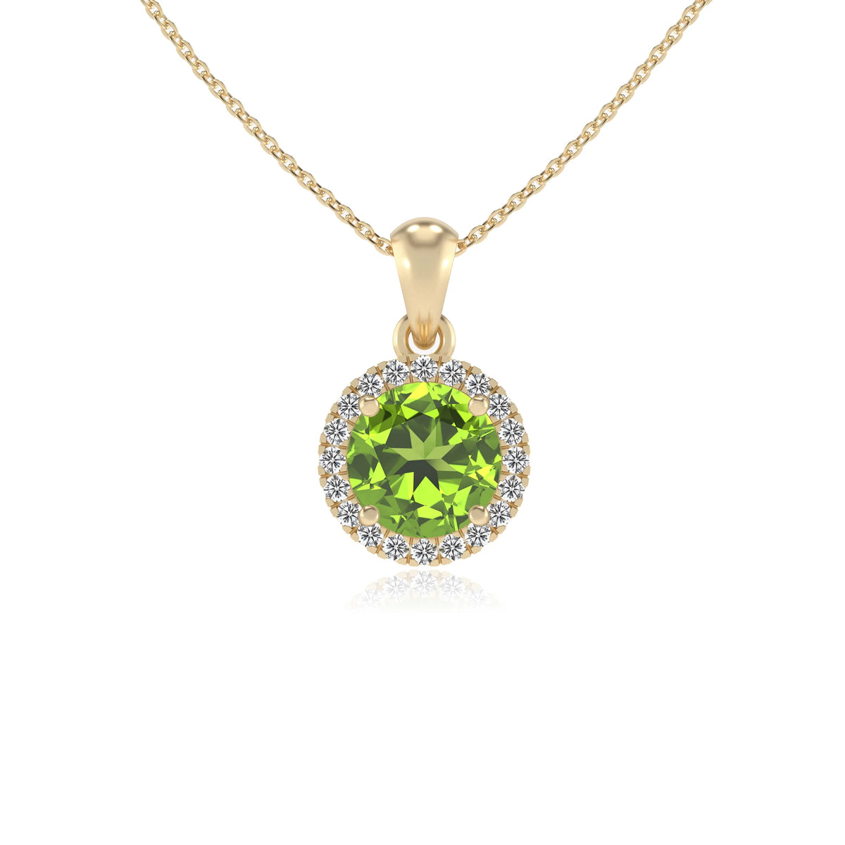 natural peridot round solitaire necklaces in yellow gold 