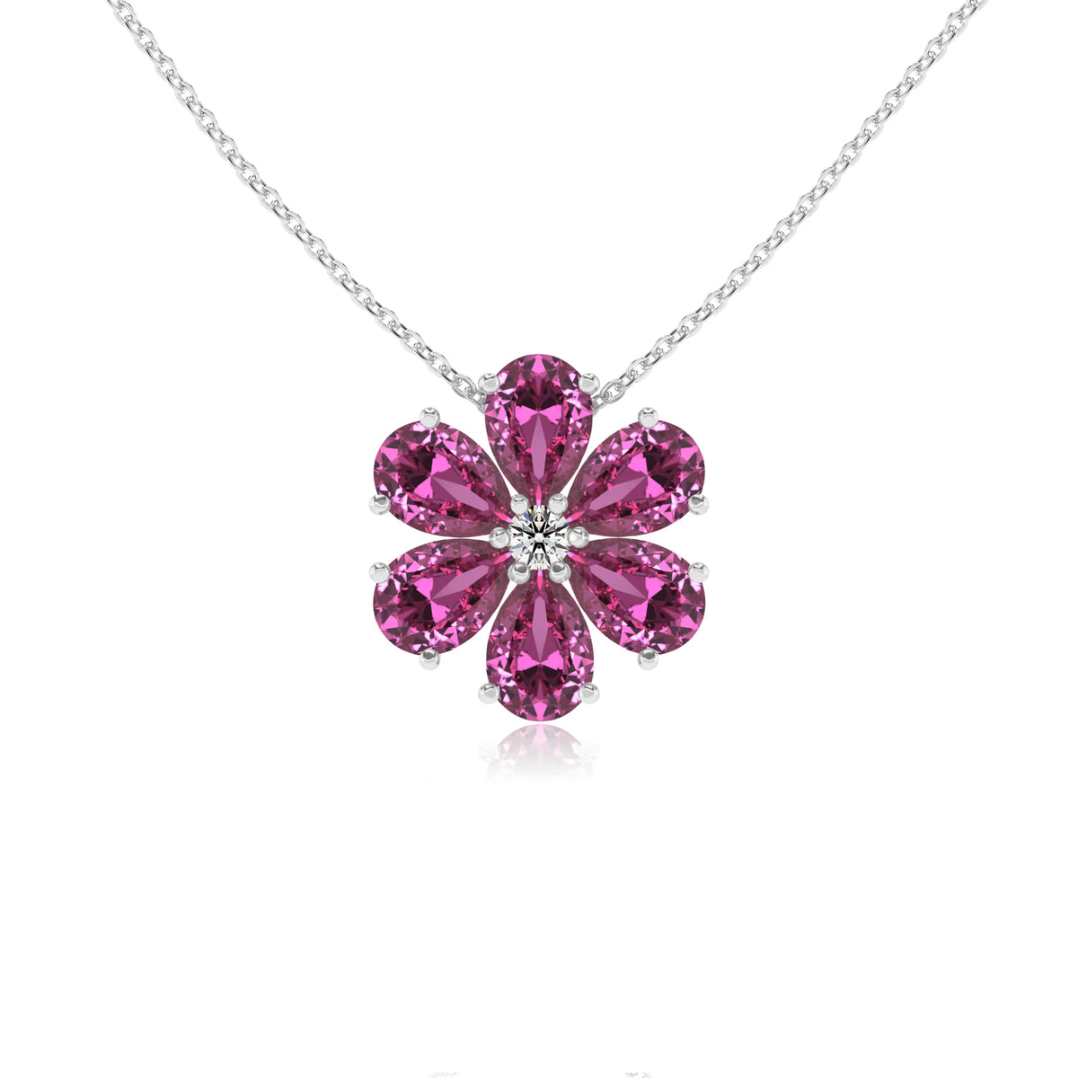 lab grown pink-sapphire pear solitaire necklaces in sterling silver 