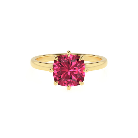 lab grown pink-tourmaline cushion solitaire rings in yellow gold 