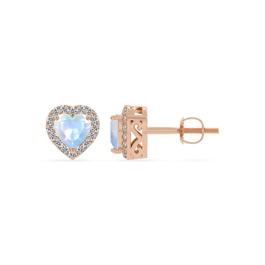 natural rainbow moonstone heart stud earrings in rose gold 