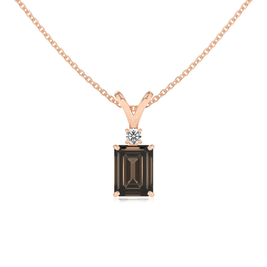 natural smoky-quartz emerald cut solitaire v-bale necklaces in rose gold 