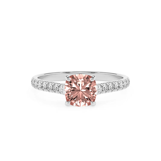 lab grown morganite cushion half eternity solitaire engagement rings in white gold 