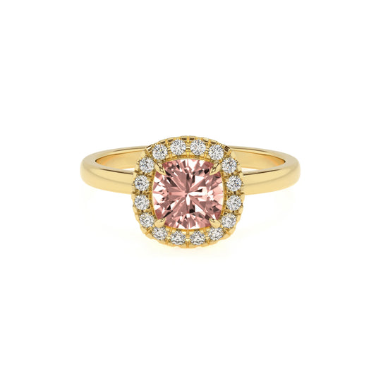 lab grown morganite cushion solitaire rings in yellow gold 