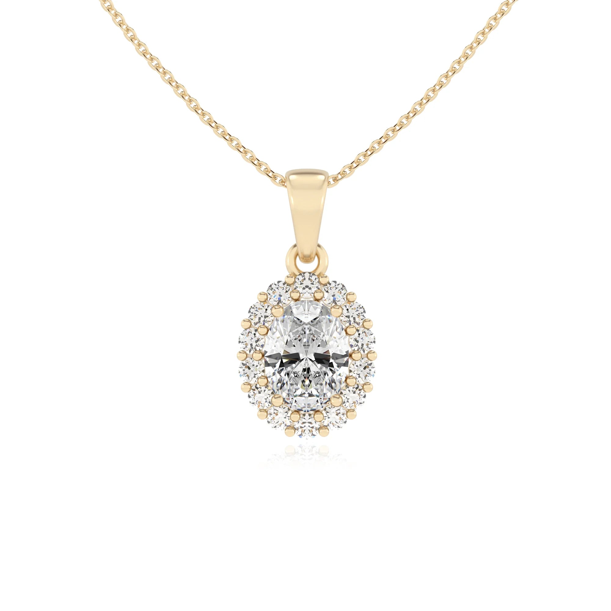 lab grown moissanite oval solitaire necklaces in yellow gold 
