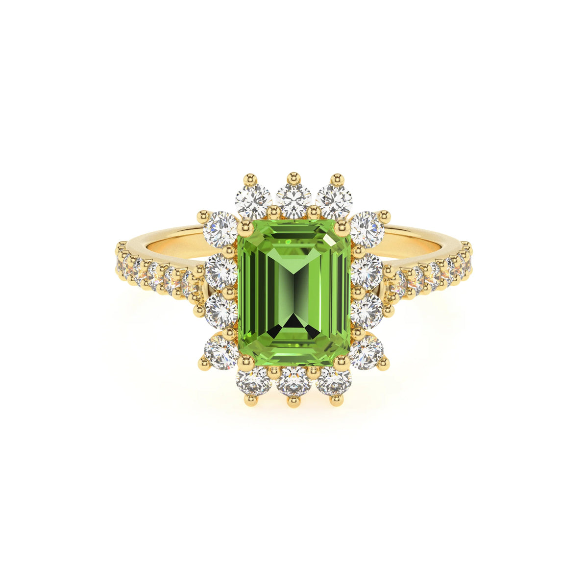 natural peridot emerald cut solitaire rings in yellow gold 