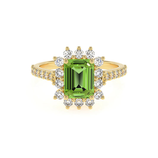 natural peridot emerald cut solitaire rings in yellow gold 