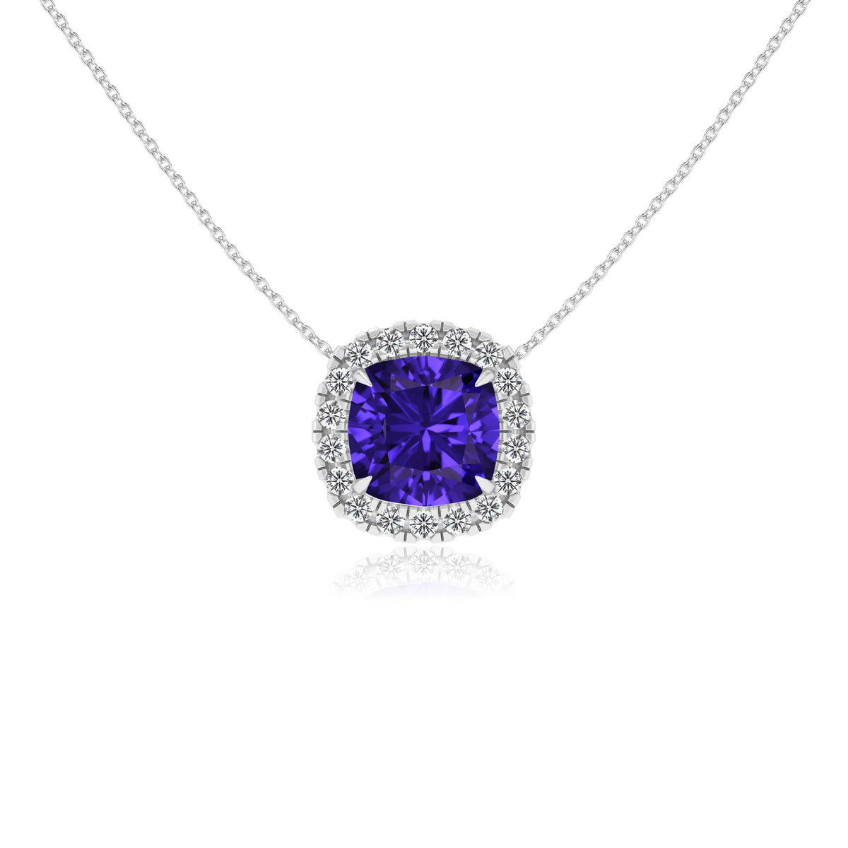 lab grown tanzanite cushion solitaire necklaces in platinum 