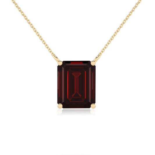 natural garnet emerald cut solitaire necklaces in yellow gold 