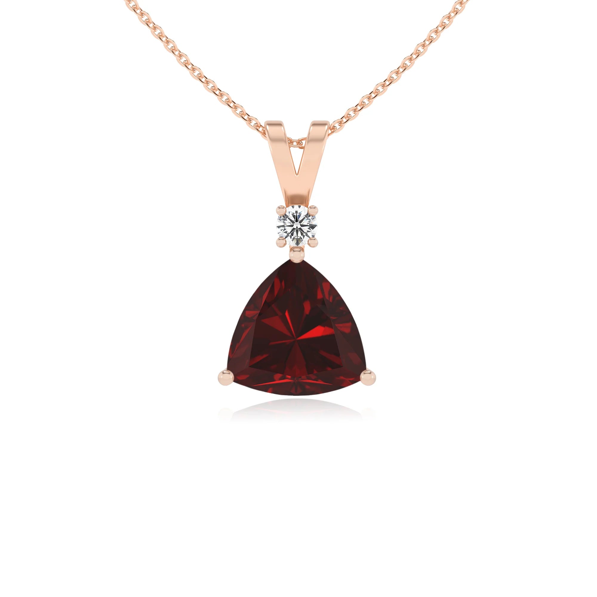 natural garnet trillion solitaire v-bale necklaces in rose gold 