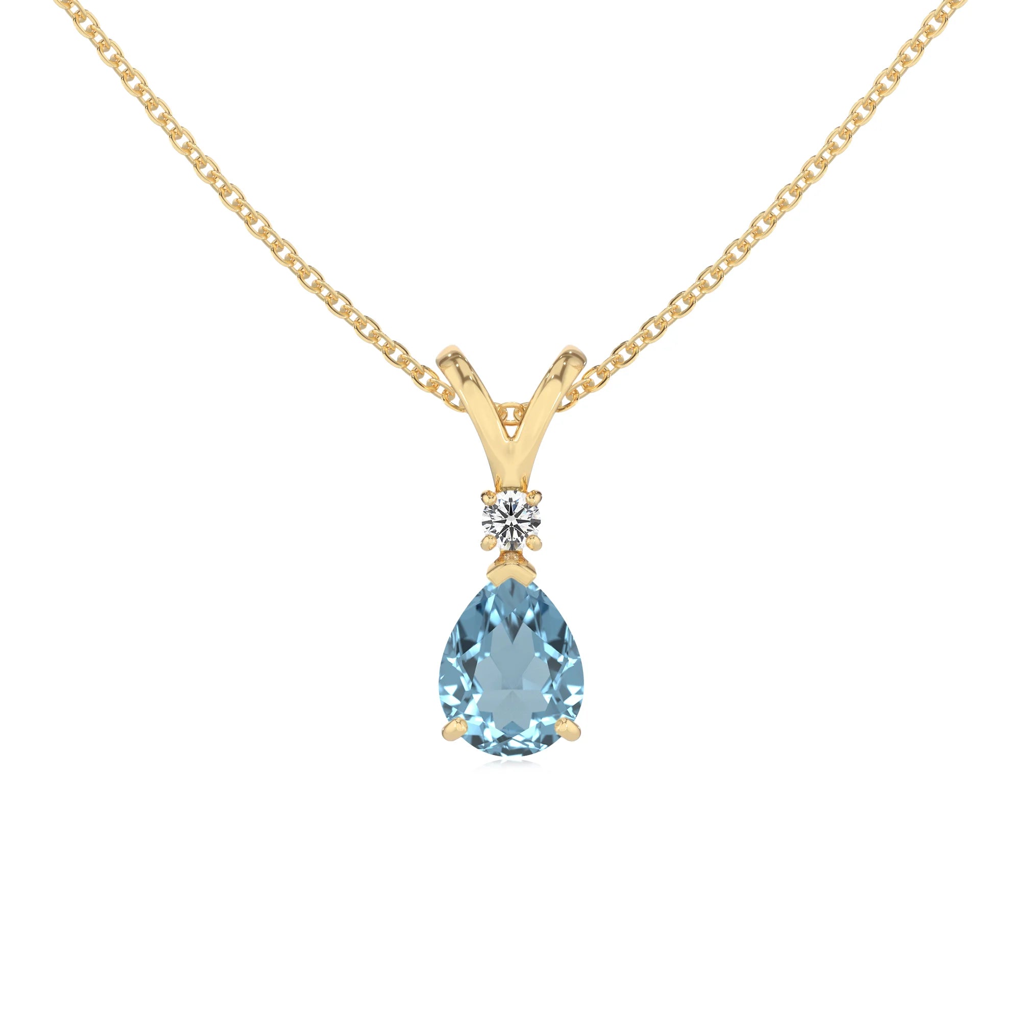 lab grown aquamarine pear solitaire v-bale necklaces in yellow gold 