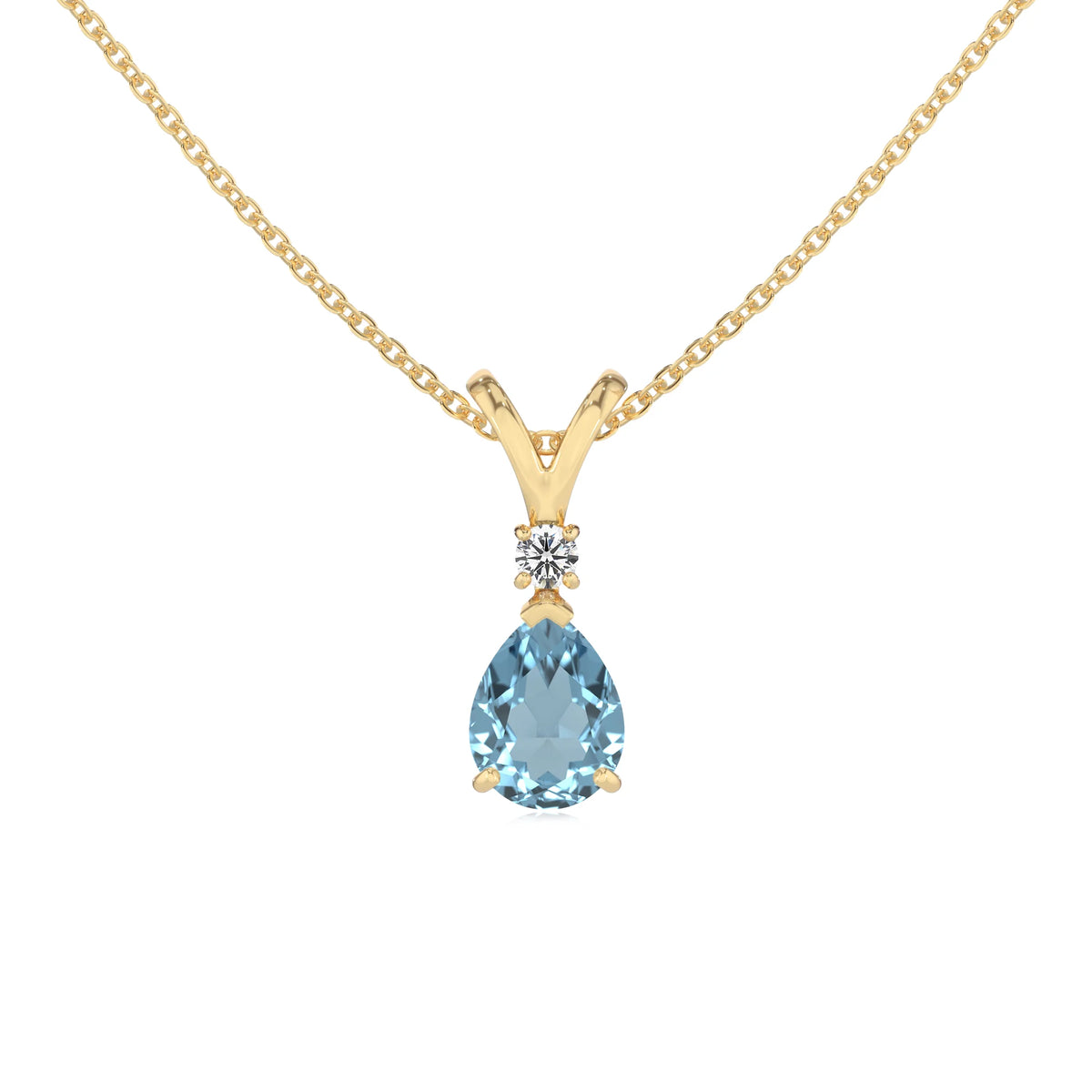 lab grown aquamarine pear solitaire v-bale necklaces in yellow gold 