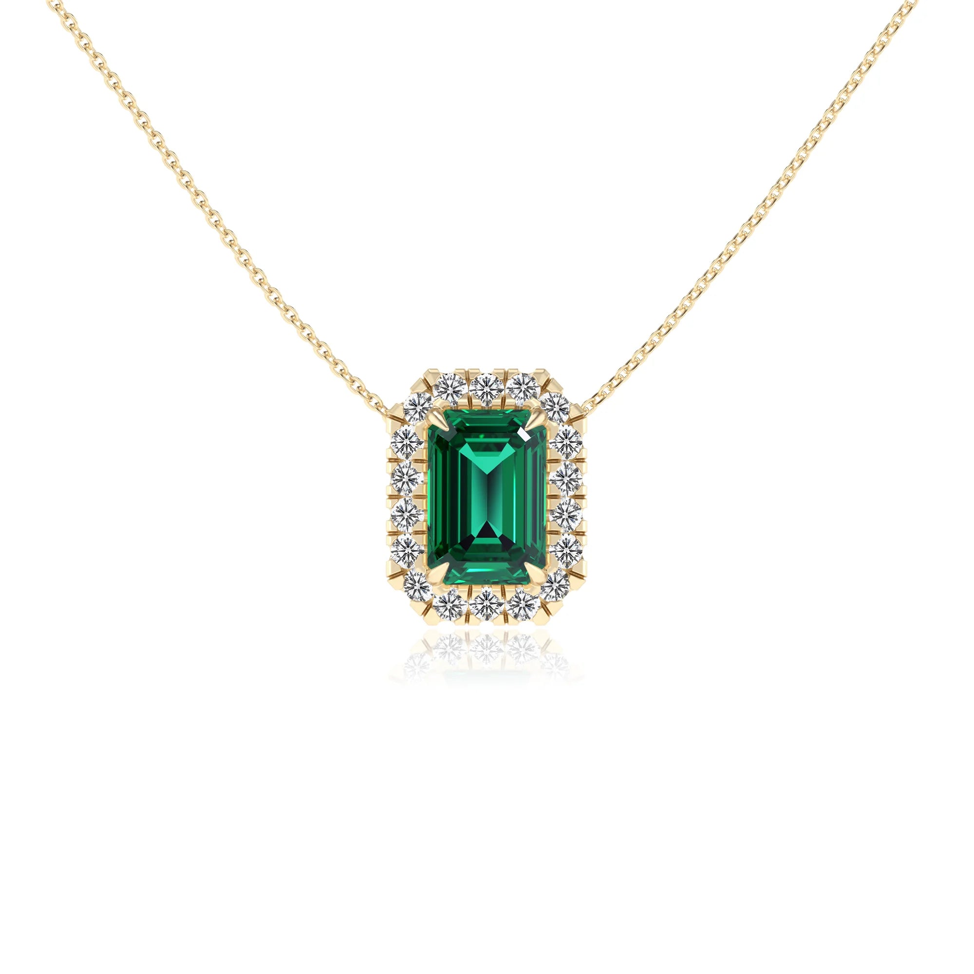 lab grown emerald octogon cut solitaire necklaces in yellow gold 