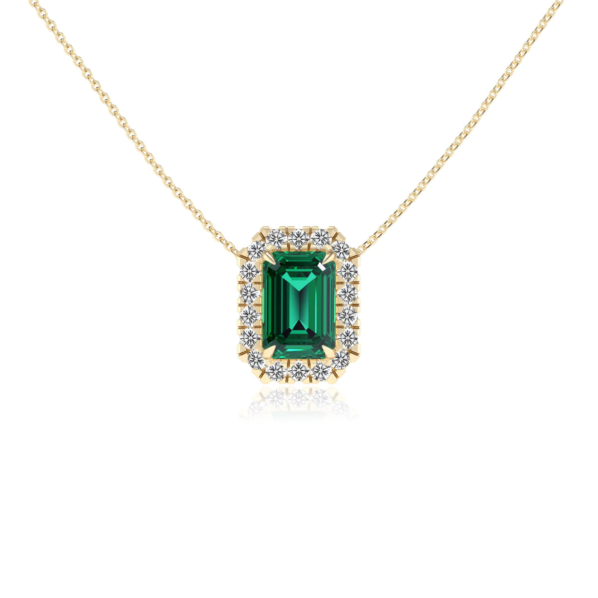 lab grown emerald octogon cut solitaire necklaces in yellow gold 