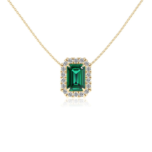 lab grown emerald octogon cut solitaire necklaces in yellow gold 